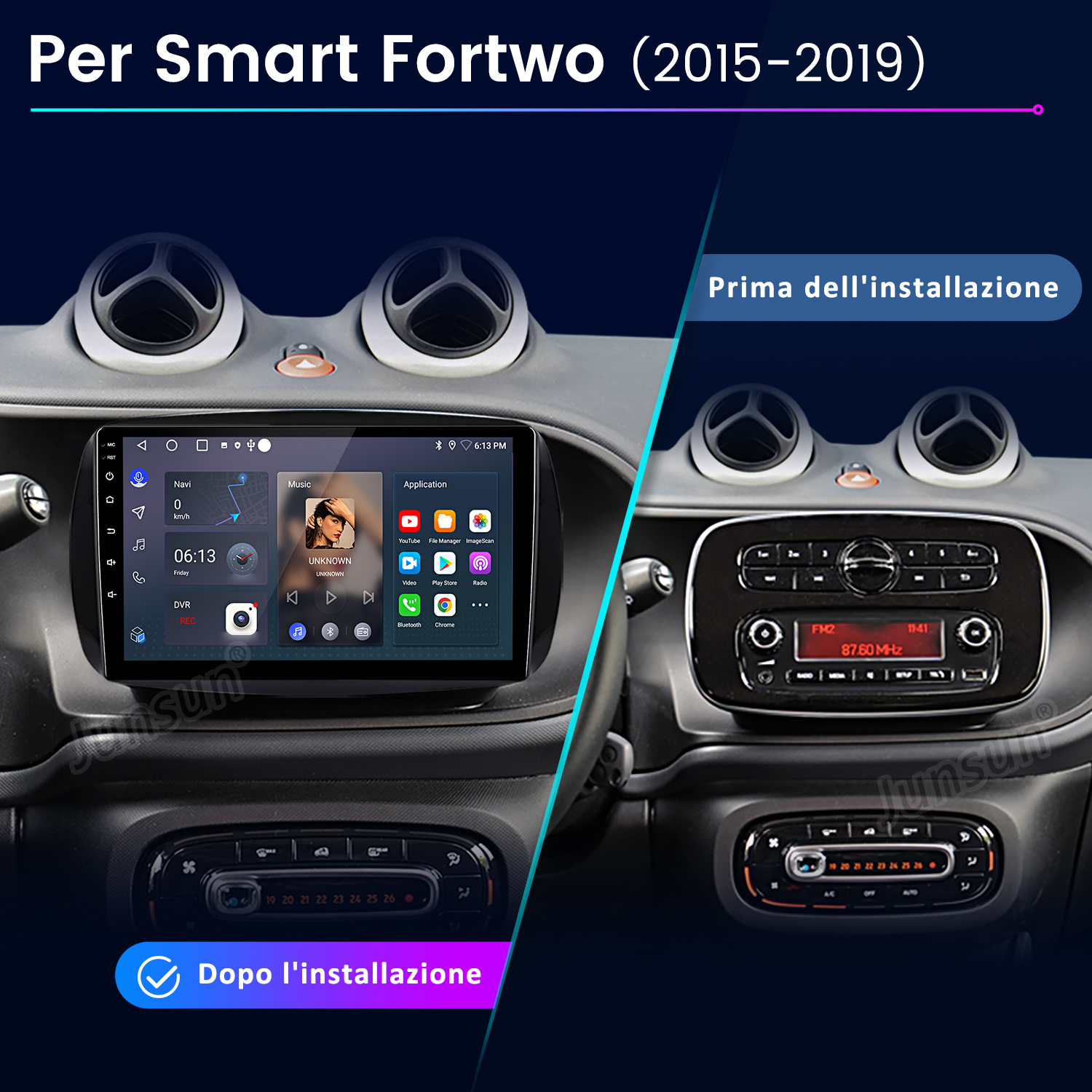Confronto cruscotto auto: vecchia radio vs. nuovo touchscreen. Mostra navigazione, musica e opzioni app post-installazione.