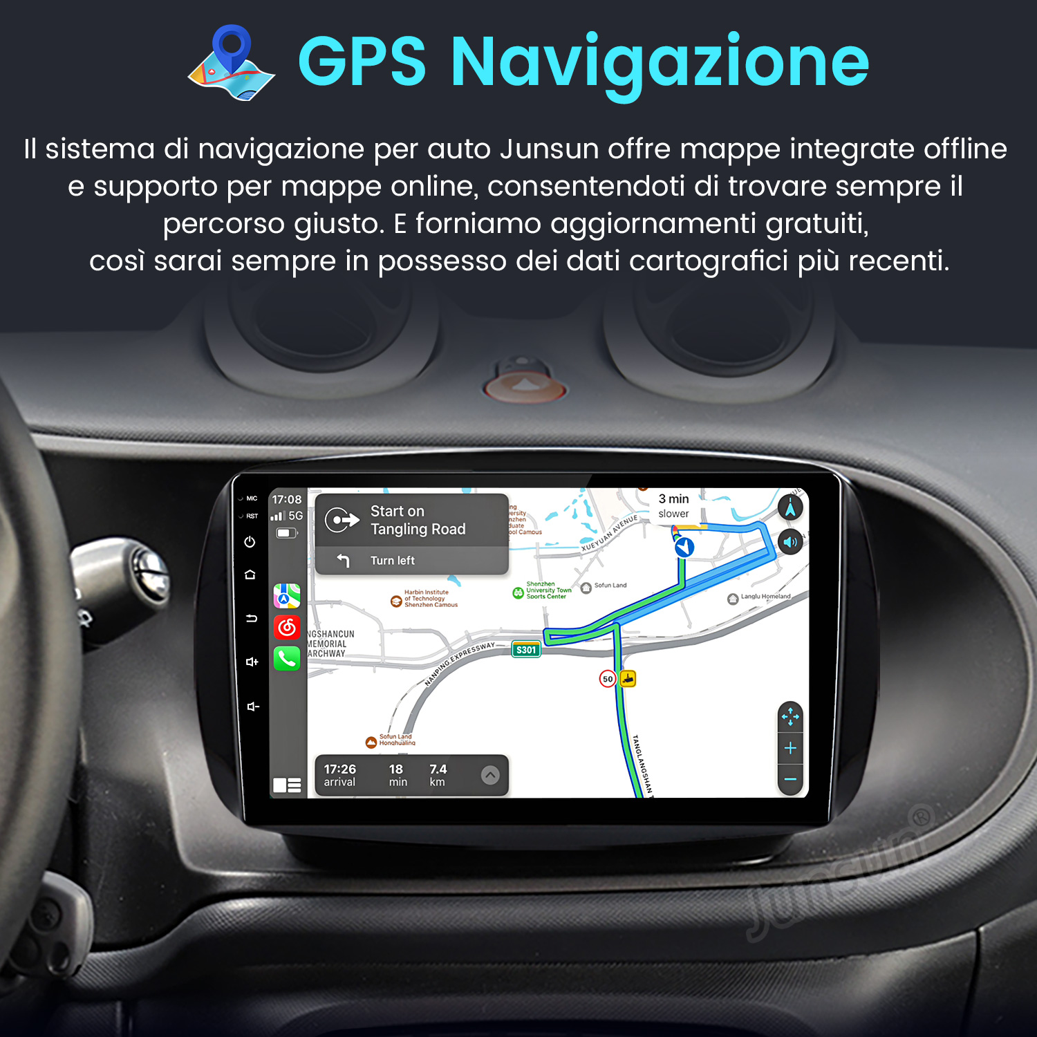 Cruscotto dell'auto con schermo di navigazione GPS che mostra una mappa e le indicazioni stradali.