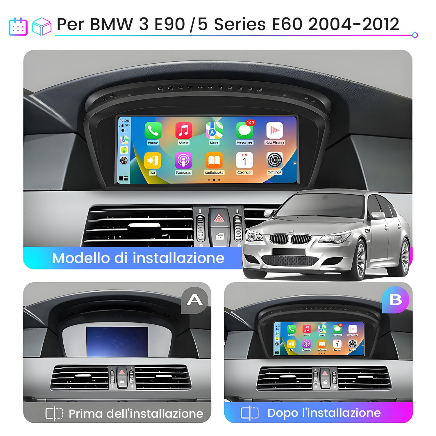 L'immagine mostra un cruscotto auto con un nuovo sistema di infotainment installato. Mostra l'installazione prima e dopo, insieme all'immagine di un'auto.