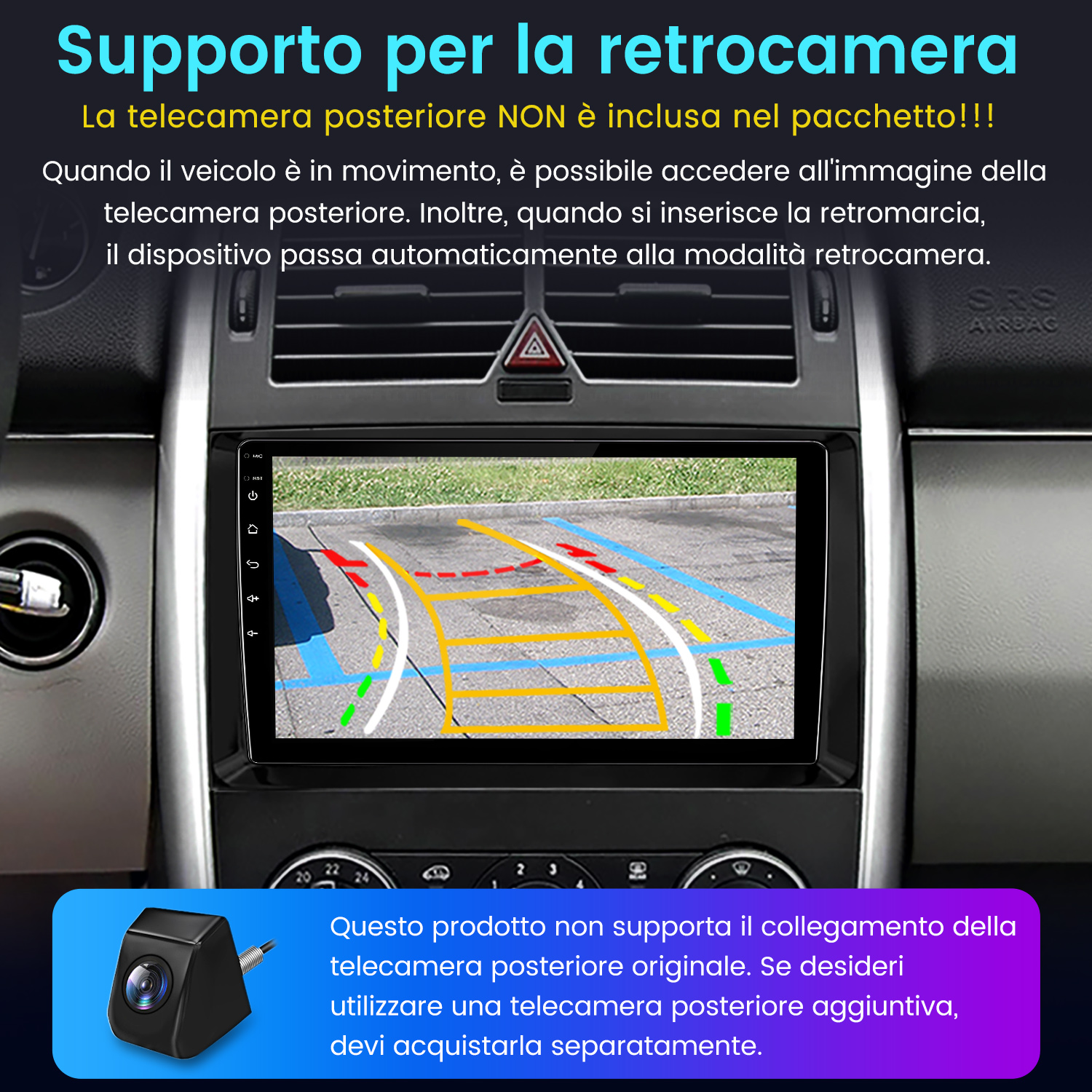 Cruscotto auto con schermo che mostra le linee di parcheggio. Una piccola telecamera è mostrata in basso a sinistra. Testo in italiano.