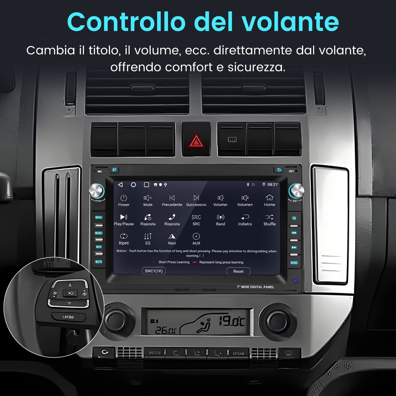 Display dell'autoradio con pulsanti per il controllo della musica. Include controlli volume e navigazione. Mostra un interno auto.