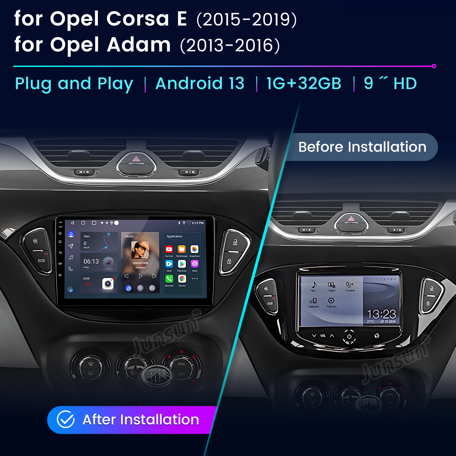 L'immagine mostra un cruscotto dell'auto prima e dopo l'installazione di un nuovo sistema Android. Il nuovo sistema ha uno schermo più grande.