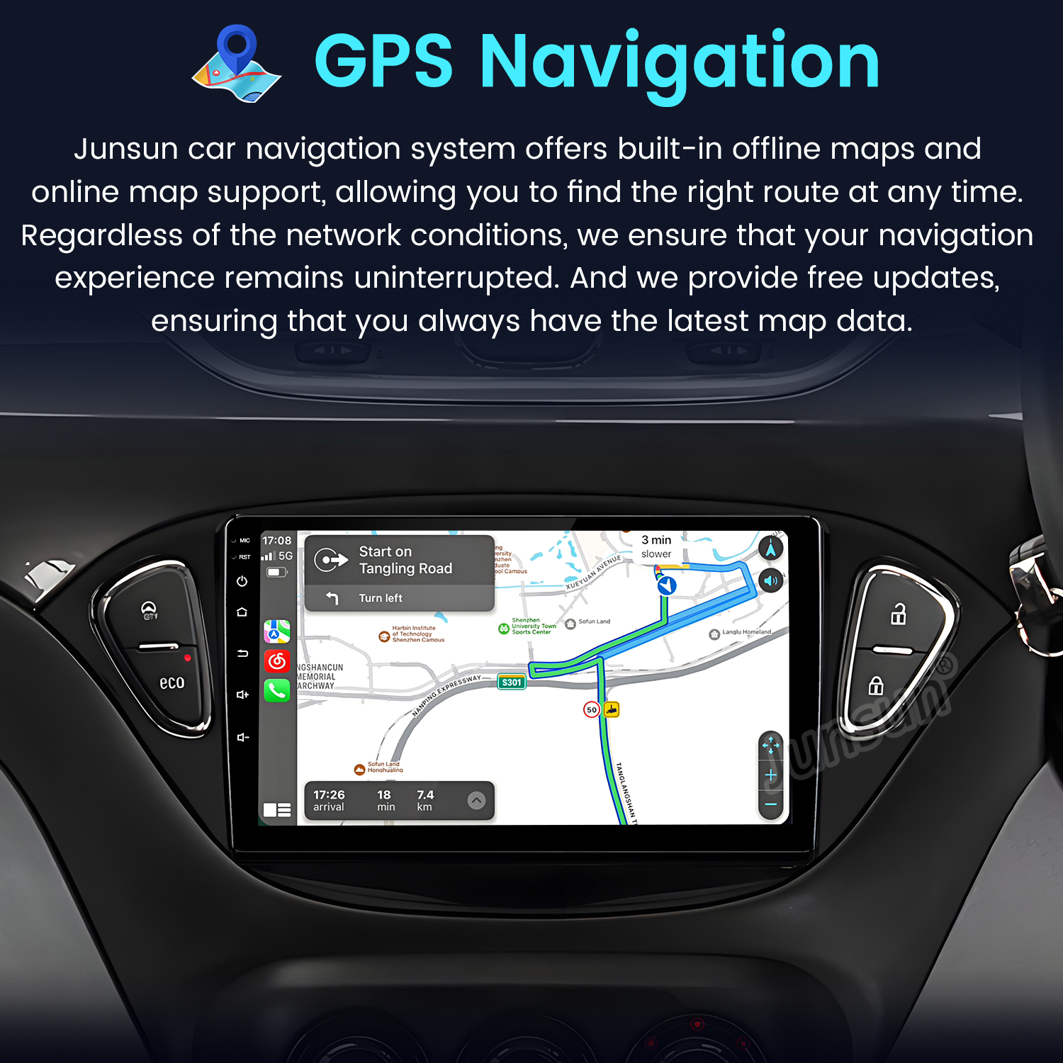 Schermo di navigazione dell'auto con mappa e indicazioni stradali. Interni e pulsanti dell'auto visibili. Testo: GPS Navigation.