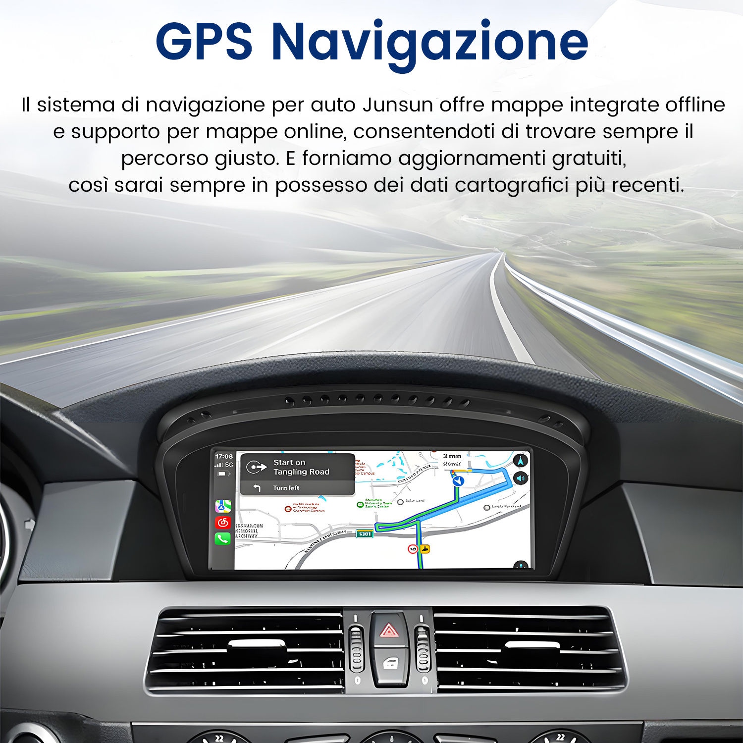 Cruscotto dell'auto con navigatore GPS e mappa. Lo schermo mostra le indicazioni stradali. La strada è visibile sullo sfondo.
