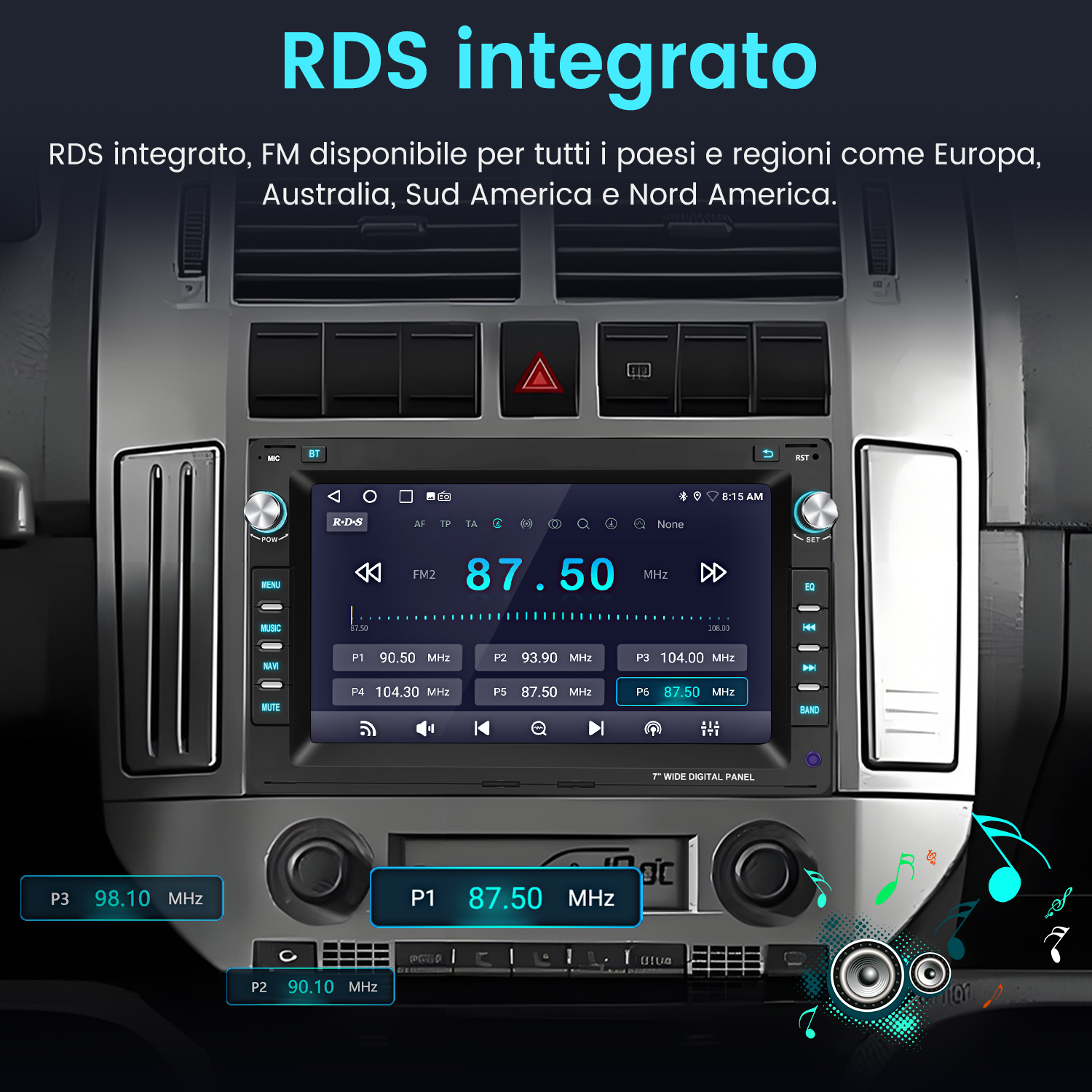 Autoradio con display digitale che mostra la frequenza 87,50 MHz. Pulsanti per menu, musica, navigazione, muto e selezione banda.