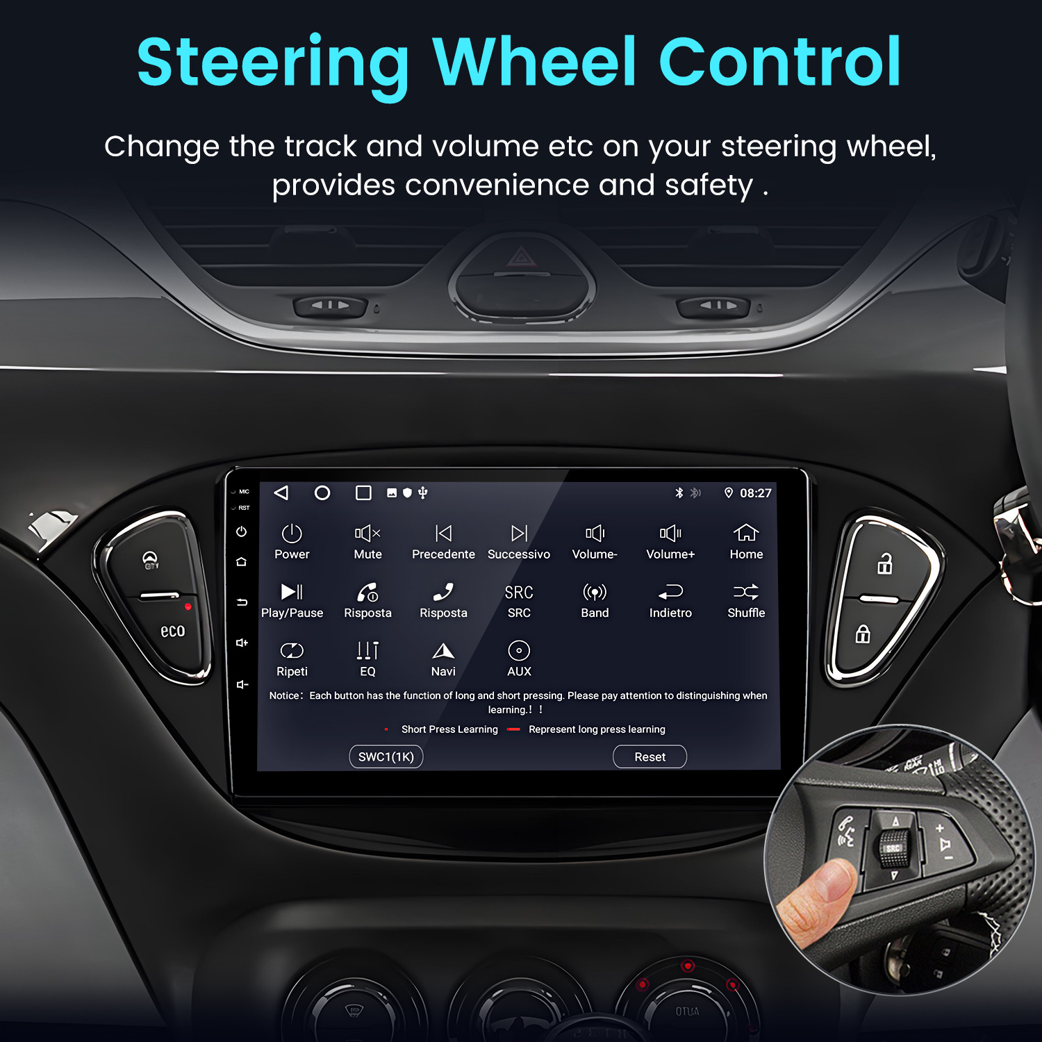 Cruscotto auto con touchscreen. Volante con controlli visibili. Sovrapposizione di testo: Controllo del volante.