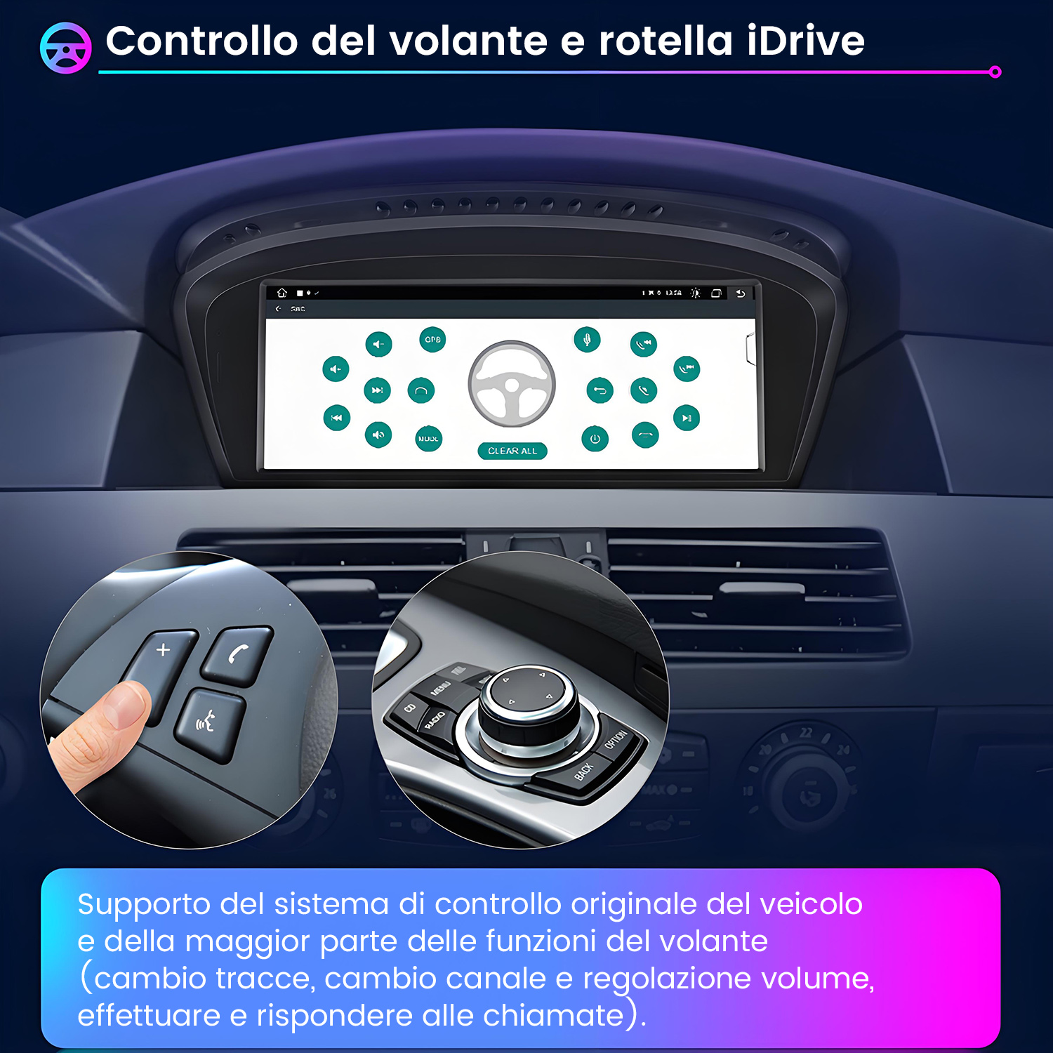 Cruscotto auto con schermo che mostra controlli, icona volante e controller iDrive. Include primi piani di pulsanti e rotella.