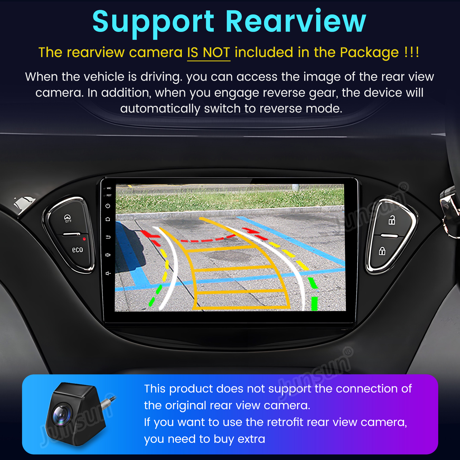 Display del cruscotto dell'auto che mostra la vista posteriore. Il testo indica che la telecamera posteriore non è inclusa e va acquistata.