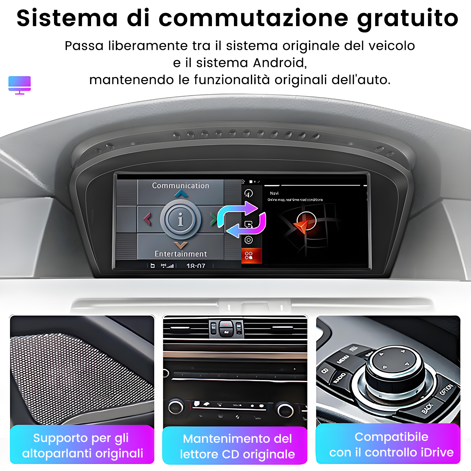 Sistema infotainment auto con navigazione, controlli e supporto per altoparlanti originali, lettore CD e controllo iDrive.