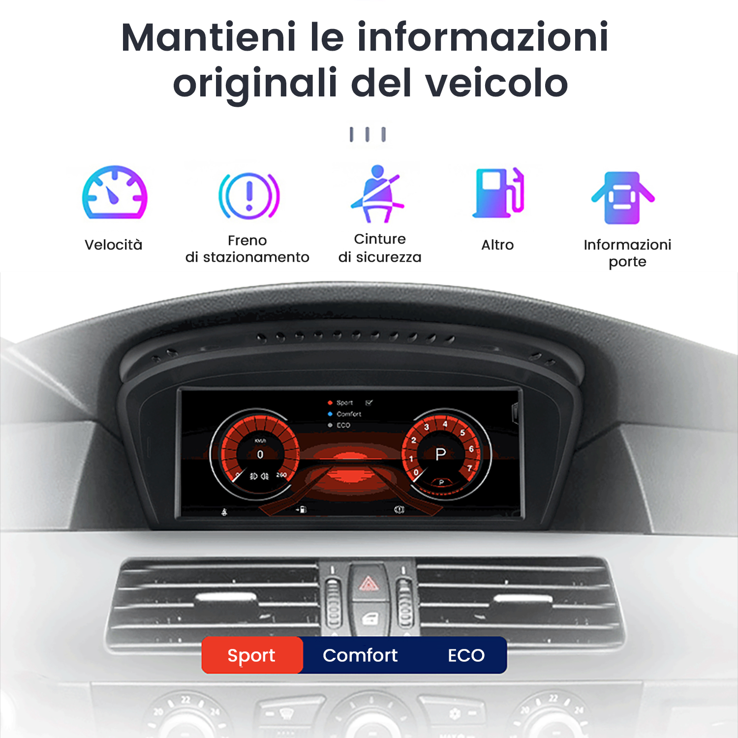Cruscotto auto con tachimetro, freno di stazionamento, cintura di sicurezza, carburante e icone info porte. Lo schermo mostra velocità e marcia.