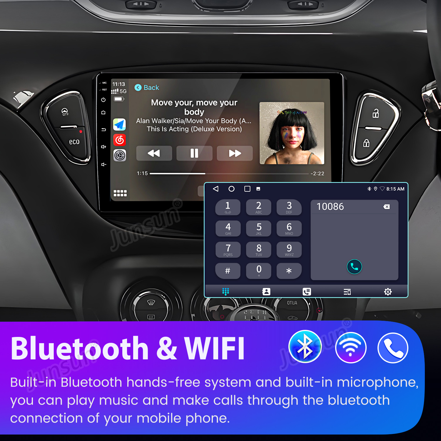 Sistema di infotainment per auto che mostra musica e tastierino. Offre opzioni di connettività Bluetooth e WiFi.