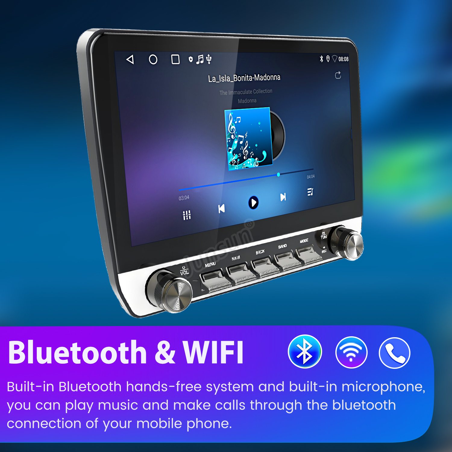 Schermo del sistema multimediale dell'auto che mostra una canzone di Madonna. Dispone di opzioni di connettività Bluetooth e WiFi.