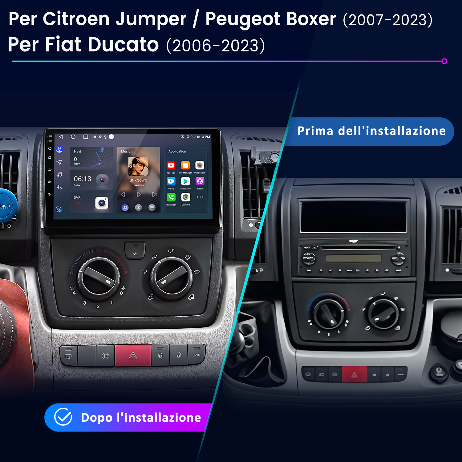 L'immagine mostra il cruscotto dell'auto prima e dopo l'installazione di un nuovo display. Il nuovo display ha app e navigazione.