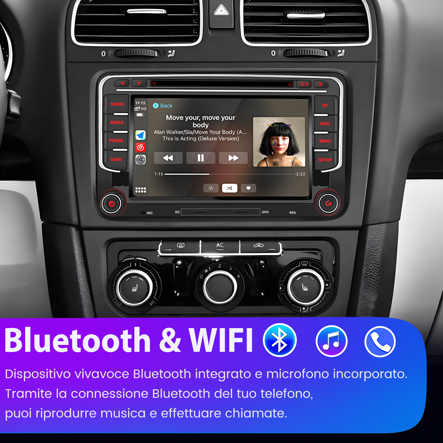 Cruscotto auto con radio. Lo schermo mostra la musica in riproduzione. Le icone Bluetooth e Wi-Fi sono in basso.