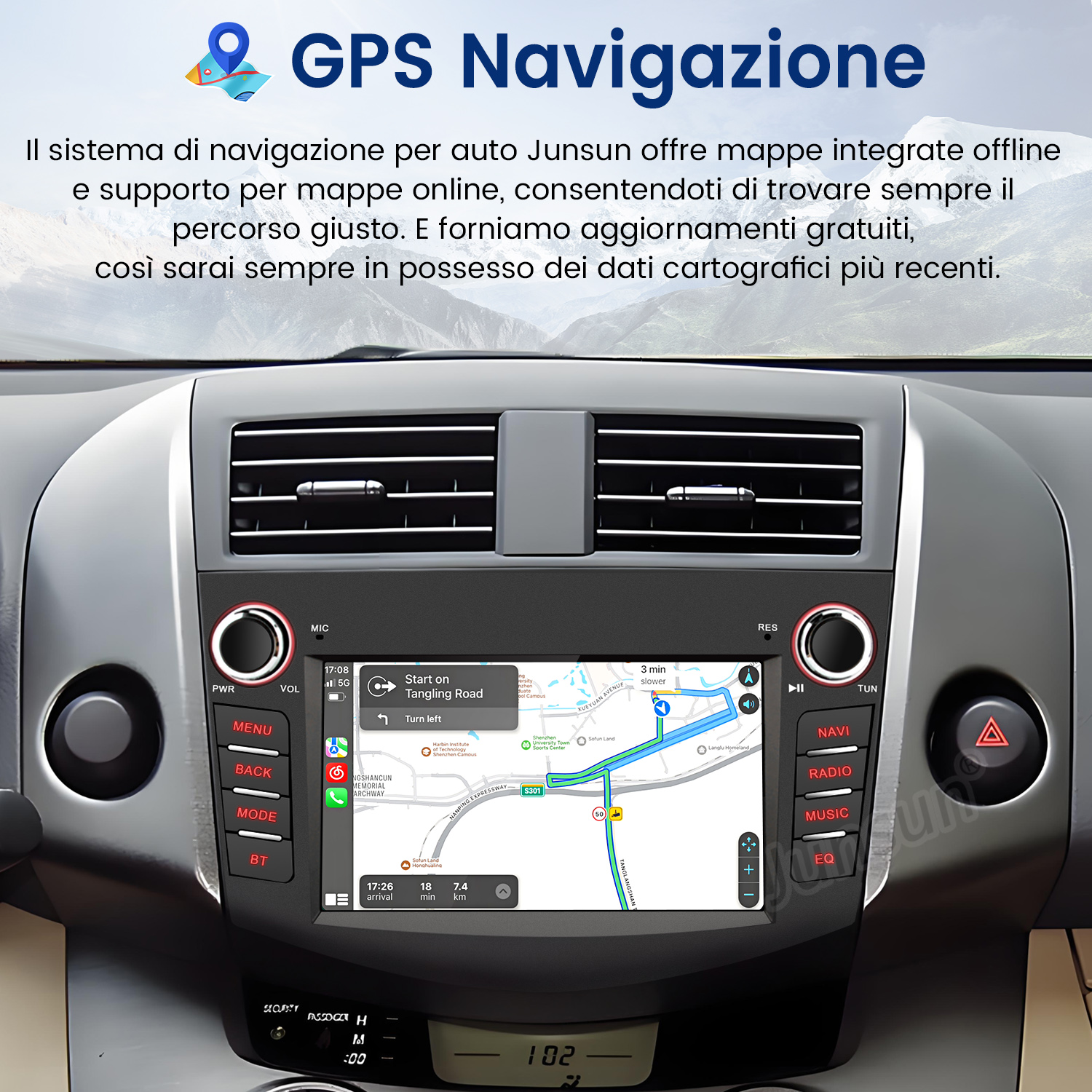 Cruscotto auto con navigatore GPS, mappa, touchscreen e pulsanti. Testo: 'GPS Navigazione'.