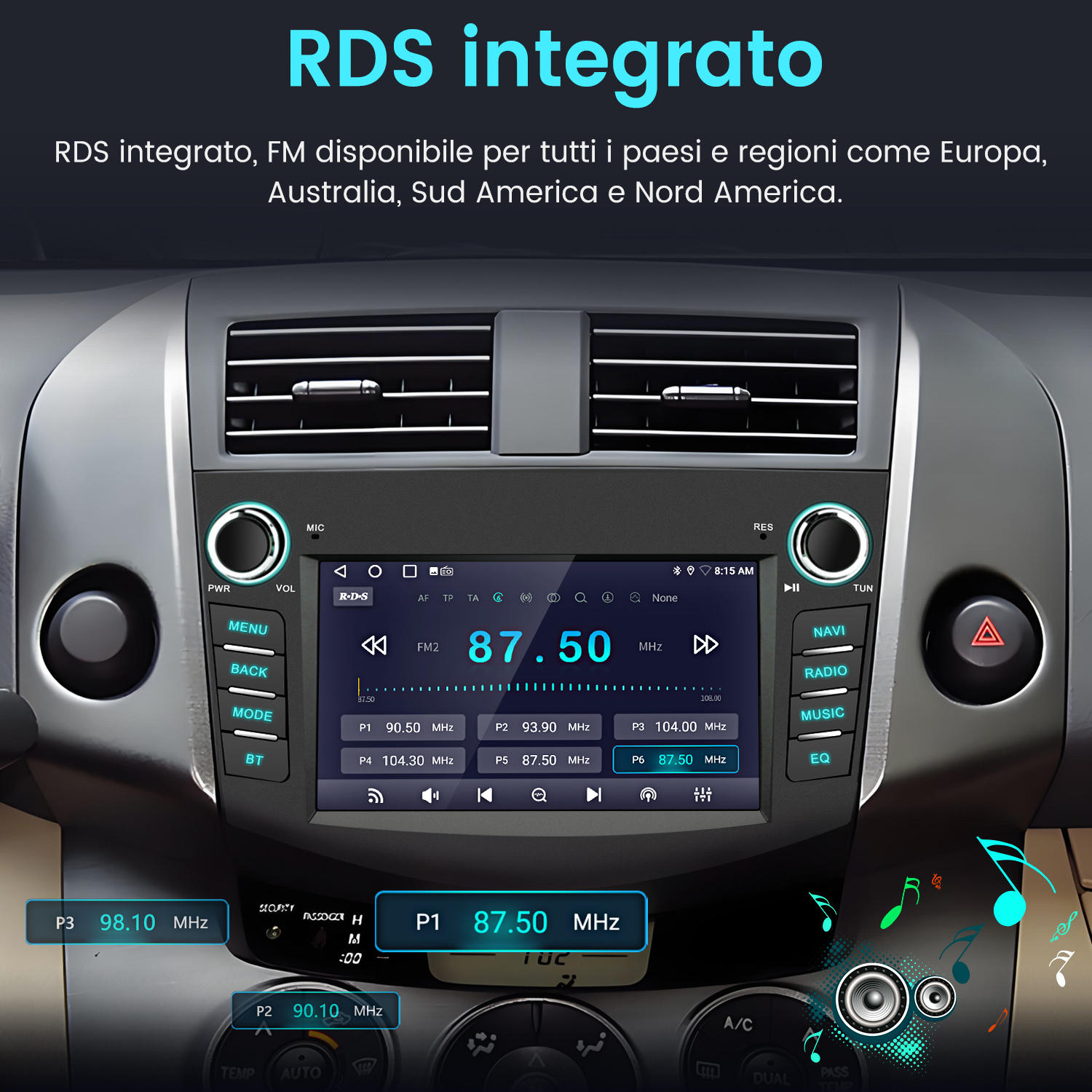 Lo schermo dell'autoradio visualizza la frequenza radio FM 87,50 MHz. Altri pulsanti includono menu, indietro, modalità, BT, Navi, Radio, Musica ed EQ.