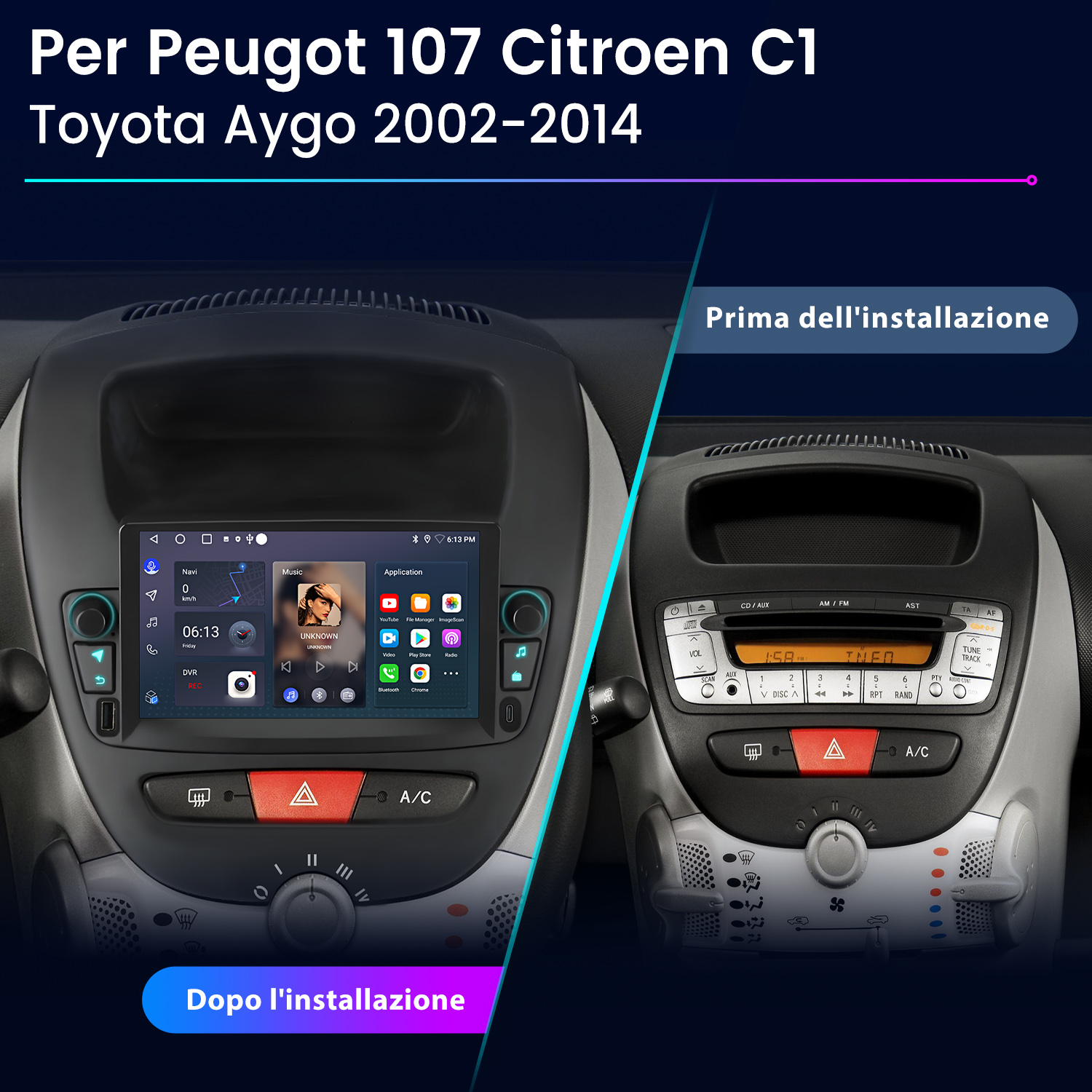 Confronto tra due cruscotti. Uno ha uno schermo moderno, l'altro una vecchia radio.