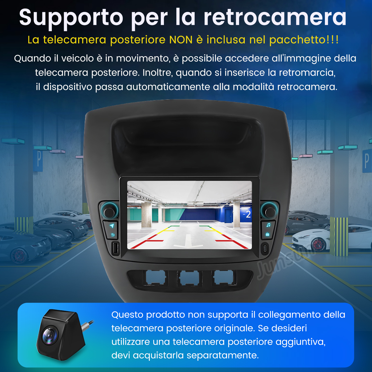 Display del cruscotto dell'auto con vista assistenza al parcheggio. Una piccola telecamera è mostrata in basso a sinistra.