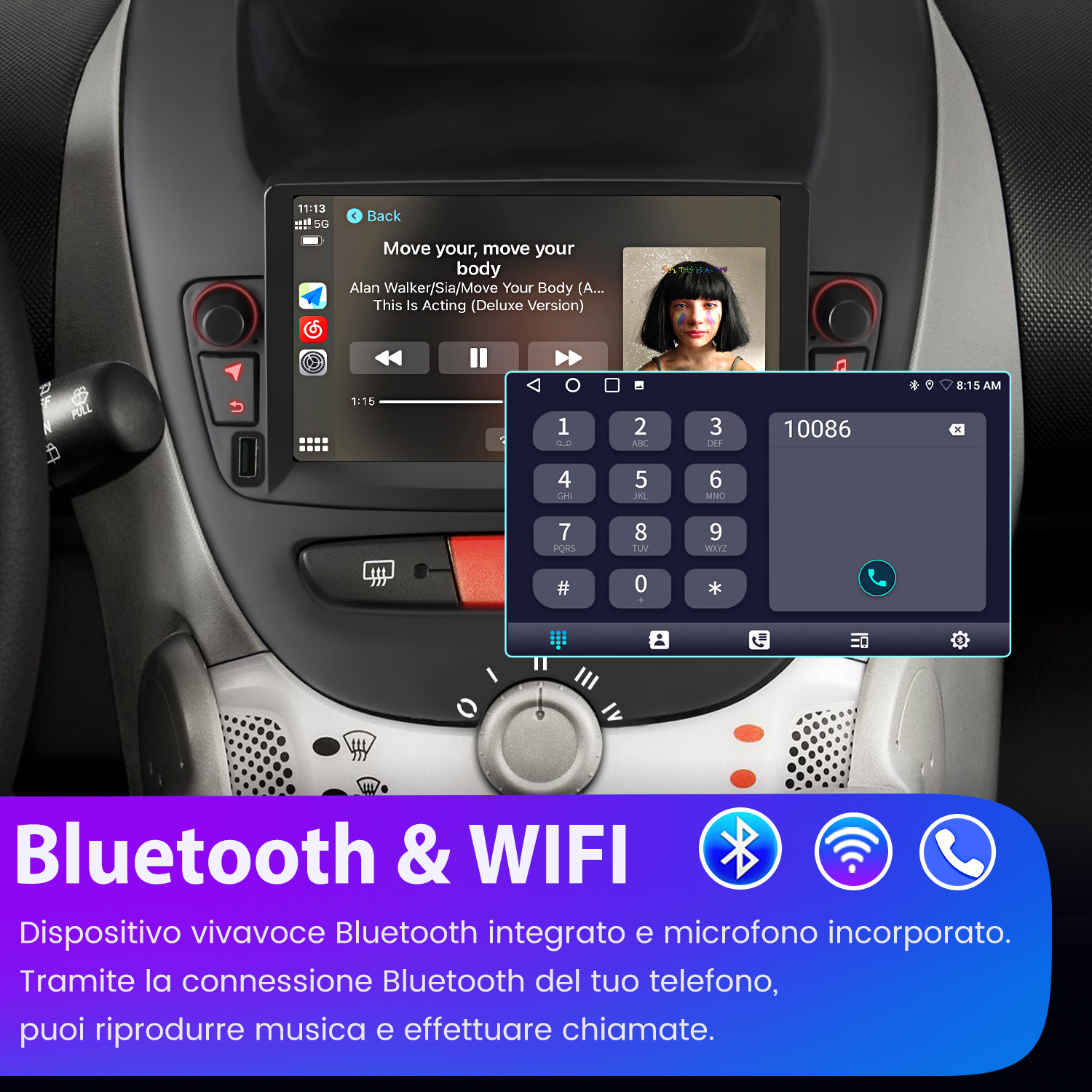 Cruscotto dell'auto con schermo che riproduce musica. Una tastiera è aperta. Sono presenti anche le icone Bluetooth e Wifi.