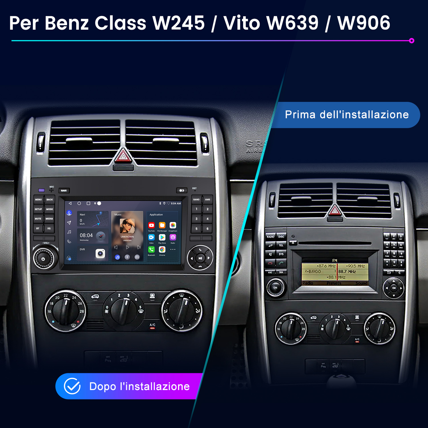 Confronto cruscotto auto: vecchia radio vs. nuovo sistema Android con navigazione, musica e app. Testo in italiano.