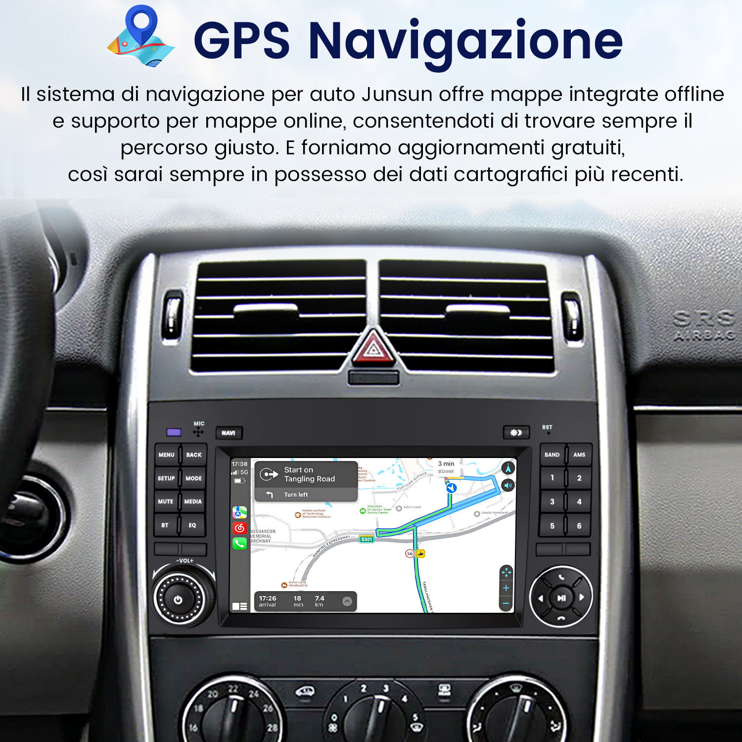 Cruscotto auto con navigazione GPS che mostra mappa e indicazioni. Include pulsanti e schermo con informazioni sul percorso.