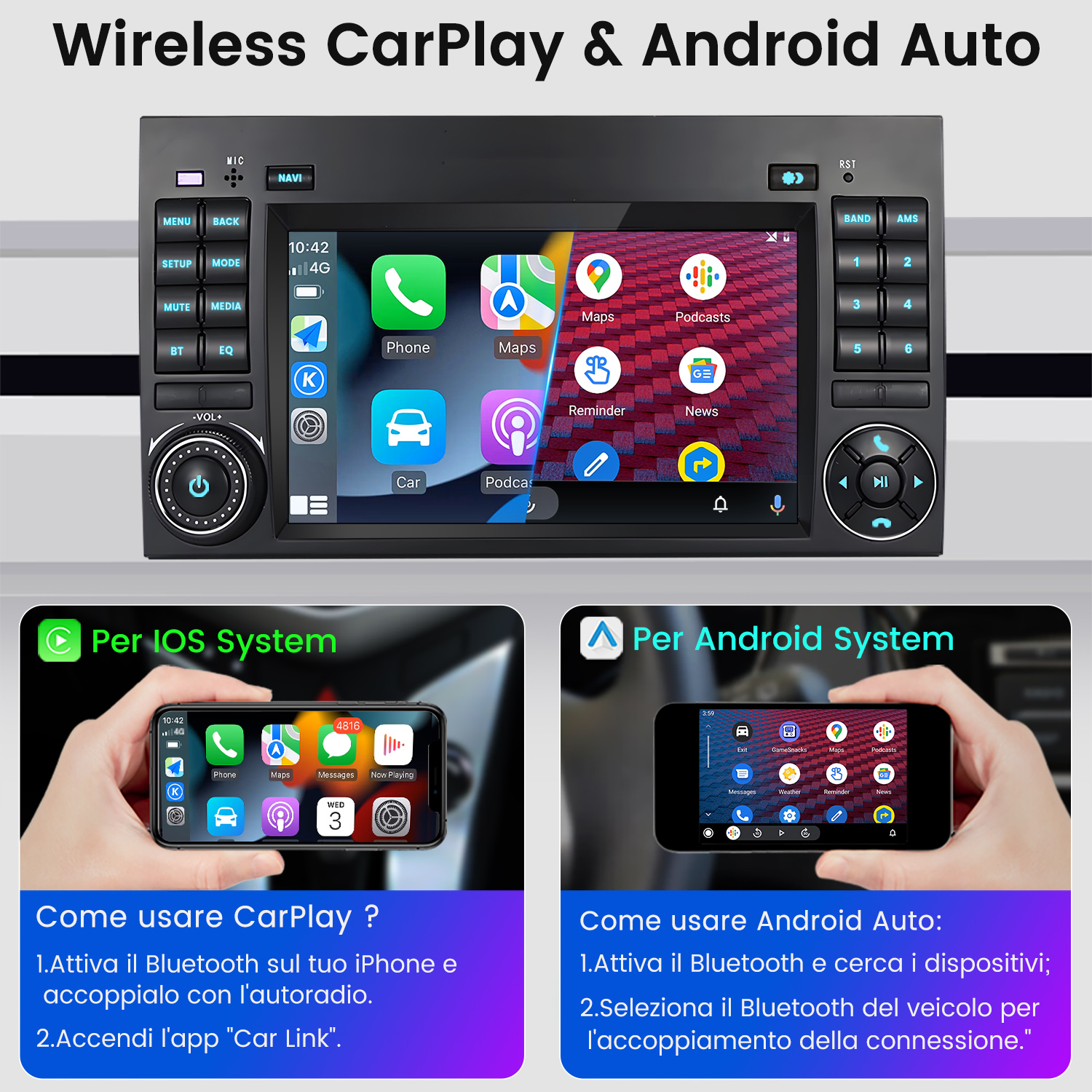 Schermo autoradio con opzioni CarPlay e Android Auto. Mostra icone telefono, mappe e altre app. Include istruzioni.