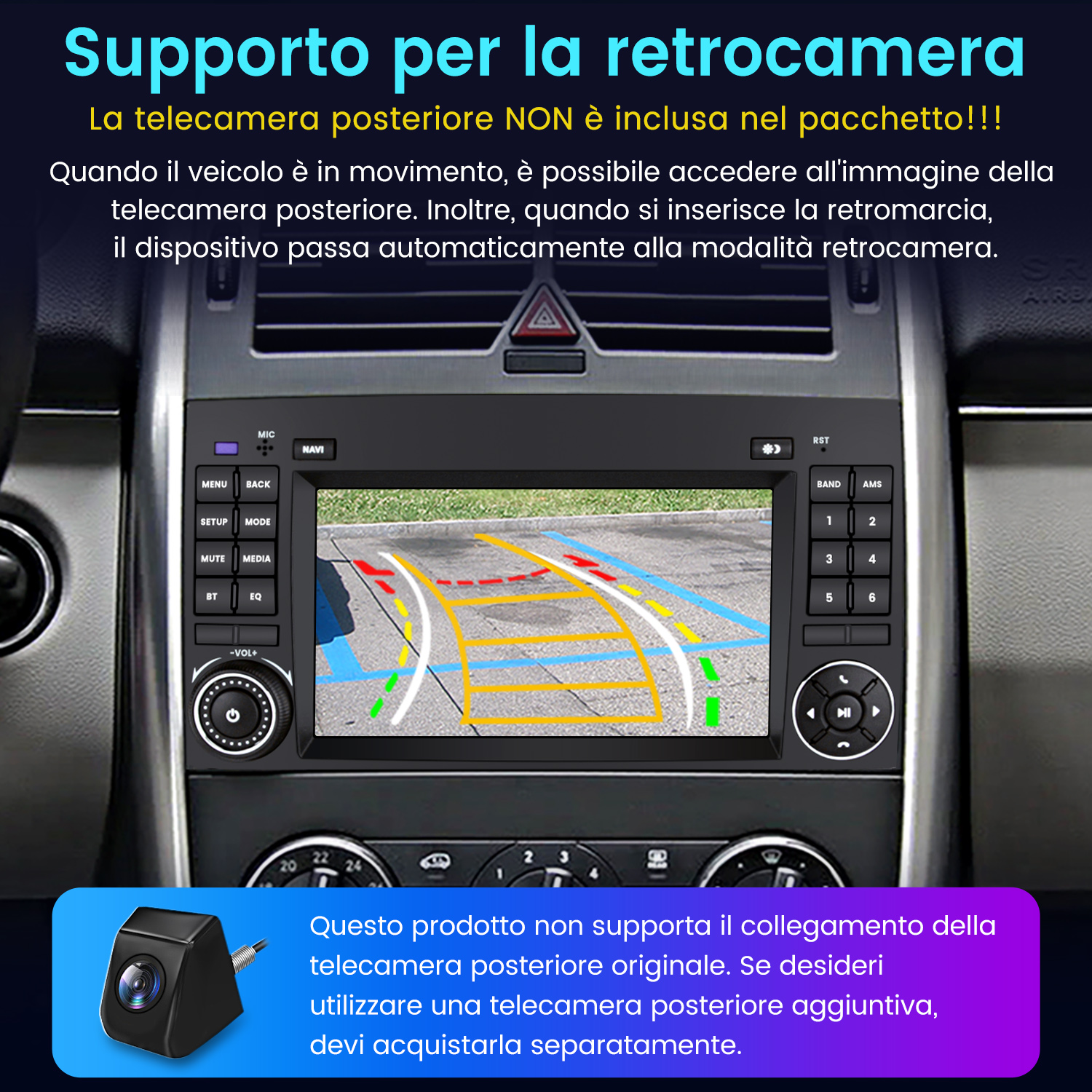 Cruscotto auto con schermo che mostra linee di parcheggio. Il testo indica che non supporta la telecamera posteriore originale.