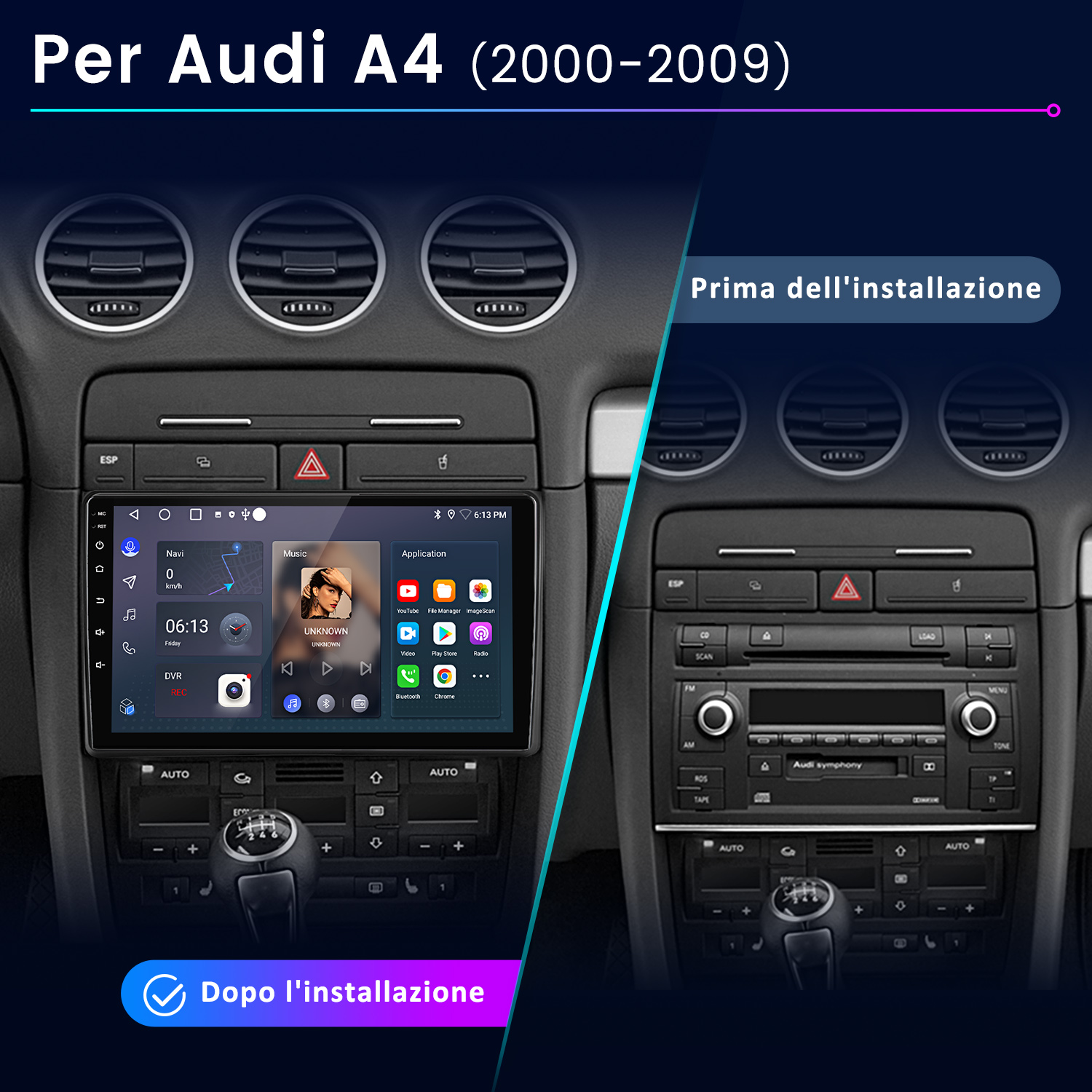 Confronto del cruscotto dell'auto: prima e dopo l'installazione di un nuovo sistema multimediale. Mostra l'interno dell'auto e il nuovo schermo.