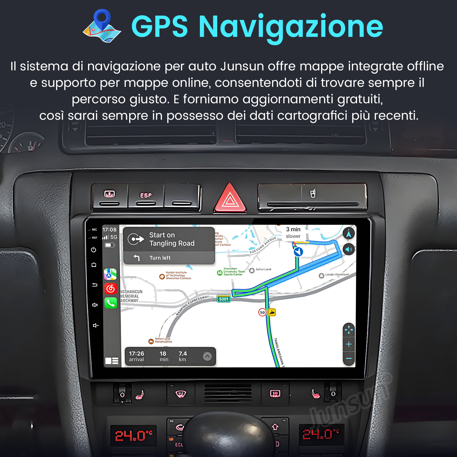 Cruscotto dell'auto con schermo di navigazione GPS che mostra una mappa, la temperatura e altri comandi.