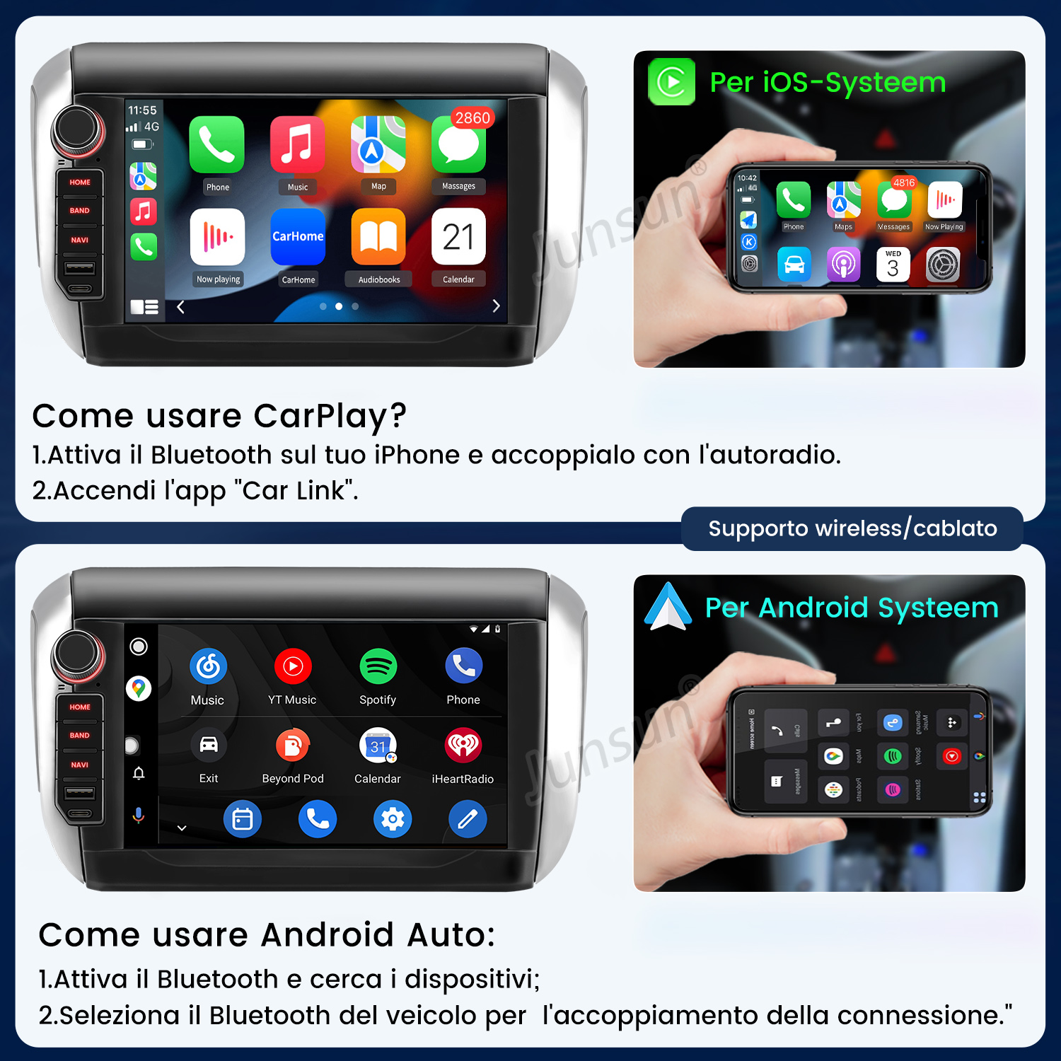 Lo schermo dell'autoradio mostra le app: Telefono, Musica, Mappa, Messaggi e calendario. Istruzioni per CarPlay e Android Auto sotto.