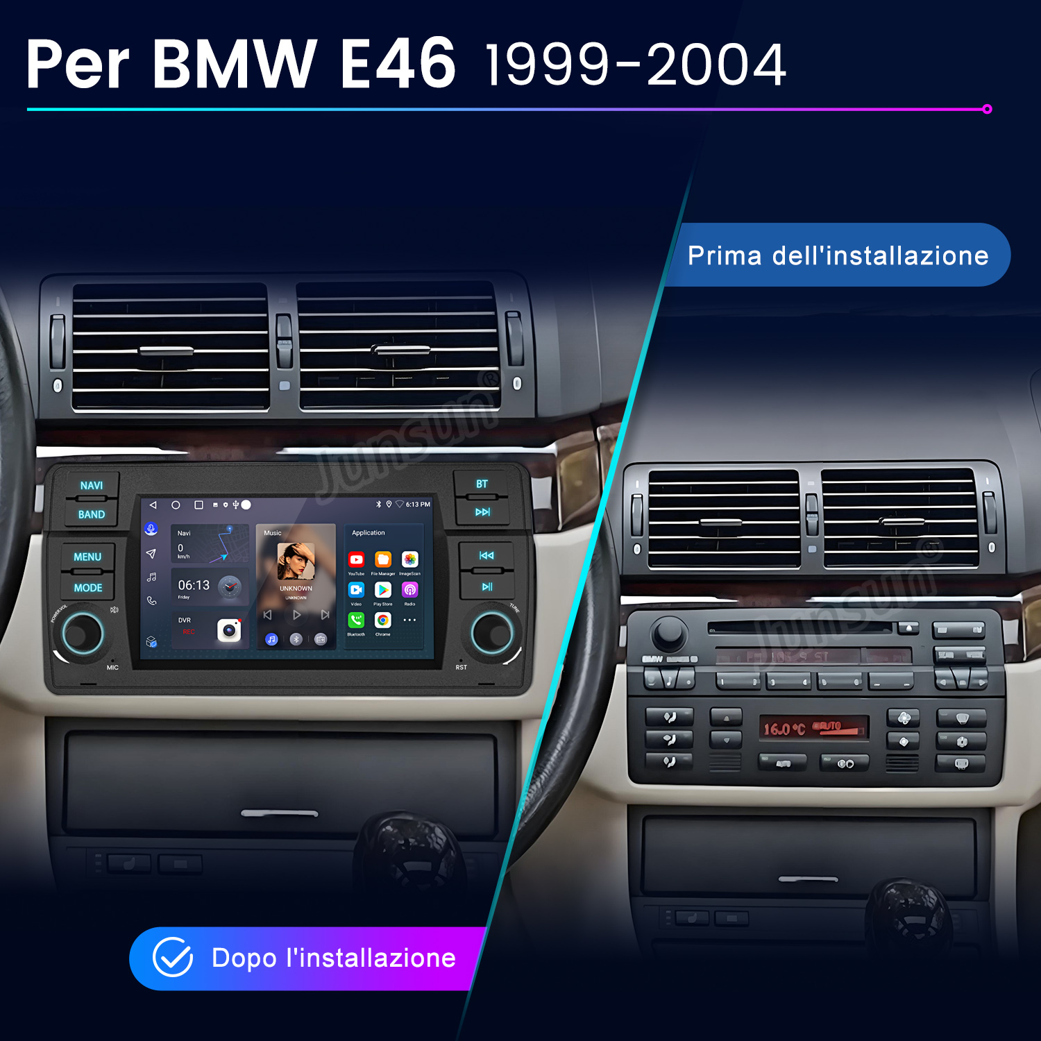 Confronto interni auto. A sinistra nuovo display con app. A destra autoradio originale. Testo sopra: 'Per BMW E46'.