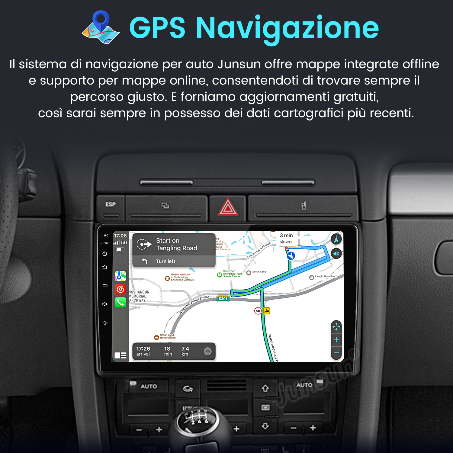 Sistema di navigazione per auto che mostra una mappa con guida del percorso. Lo schermo è nel cruscotto.