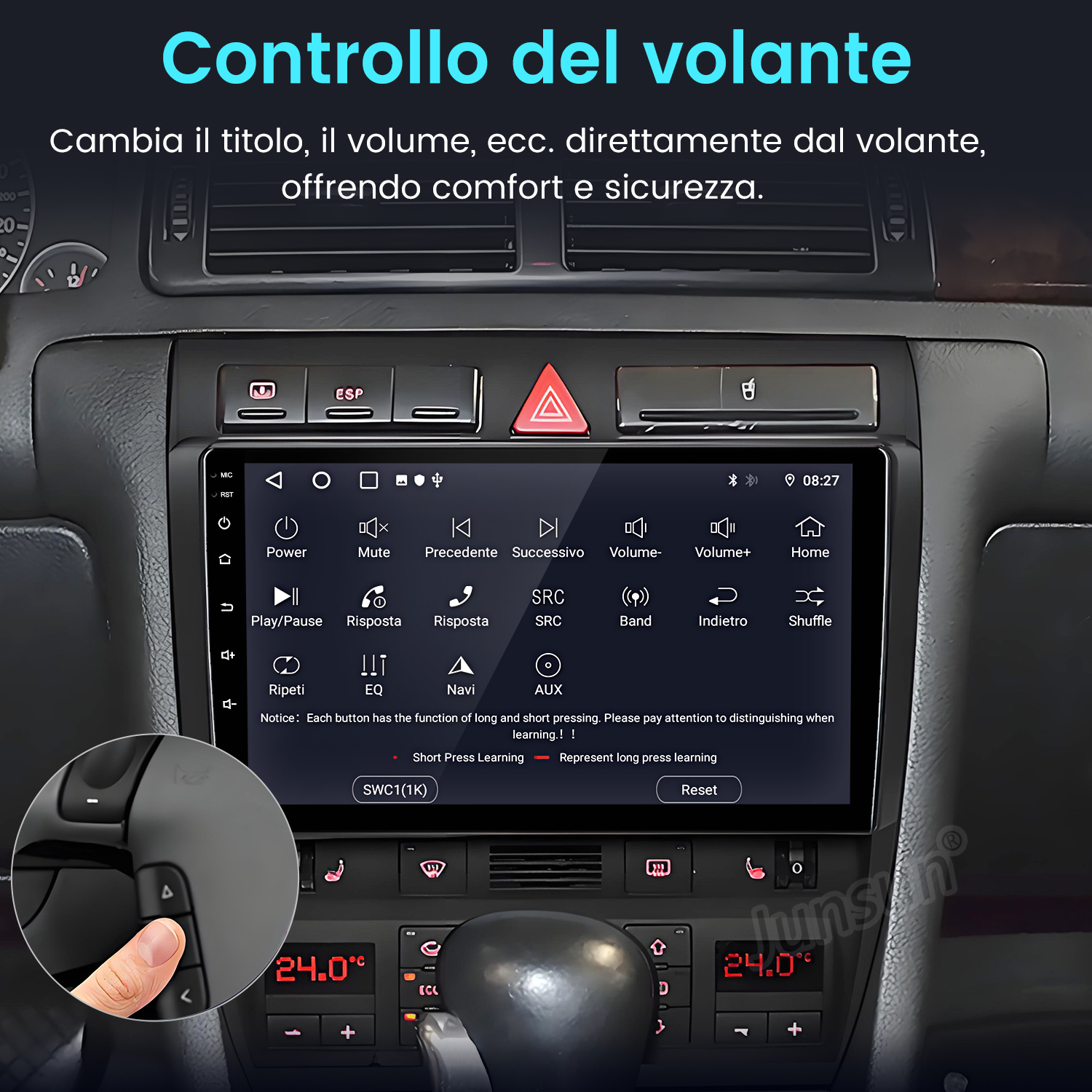 Cruscotto auto con schermo che mostra le opzioni. Una mano tocca un pulsante. La temperatura è di 24,0 gradi. Il testo dice 'Controllo del volante'.