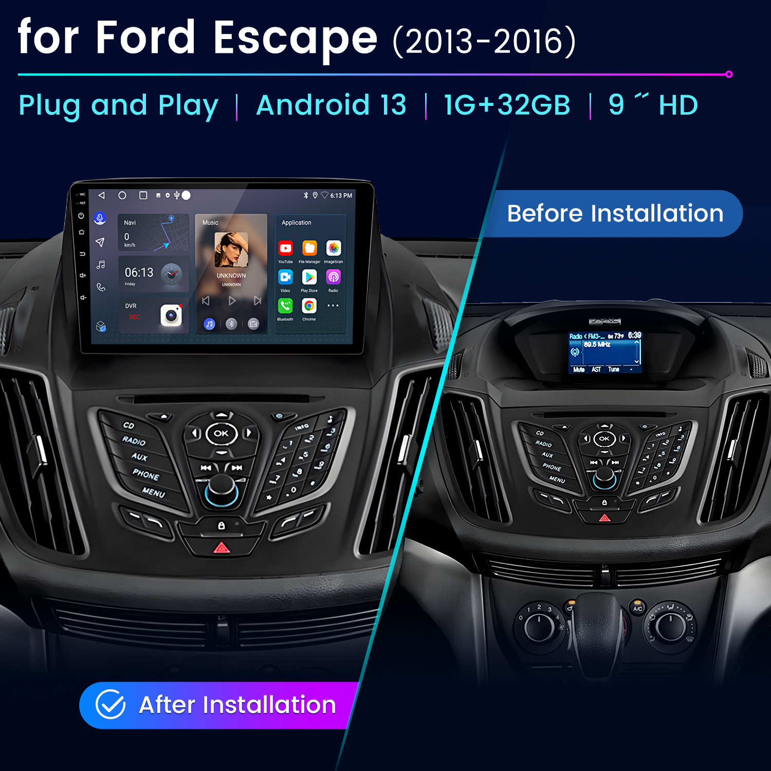 Cruscotto auto prima e dopo l'installazione di un nuovo sistema Android. Mostra schermo, pulsanti e interni.