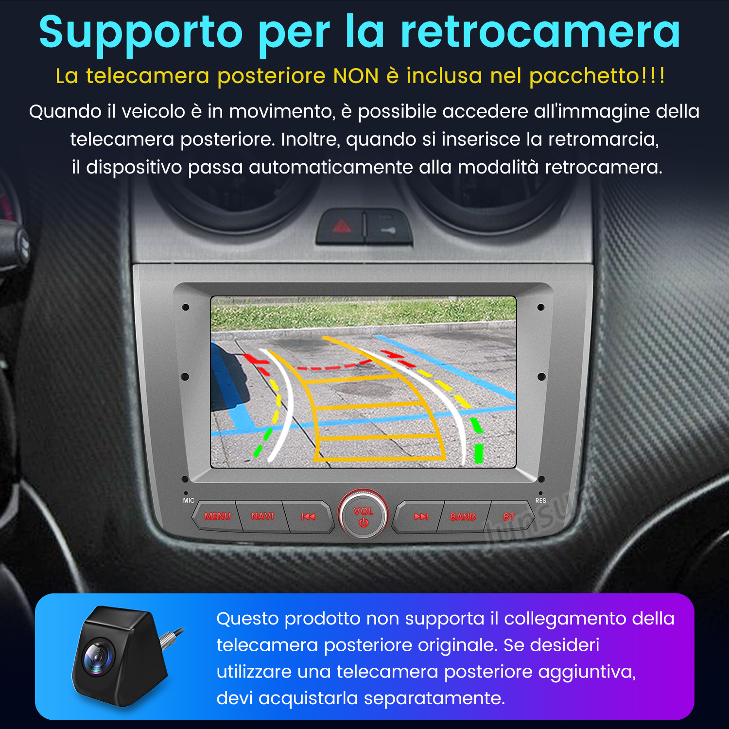 Display dell'auto che mostra la vista della telecamera di retromarcia. Il testo spiega la funzione e che la fotocamera non è inclusa. C'è una fotocamera nera in basso.