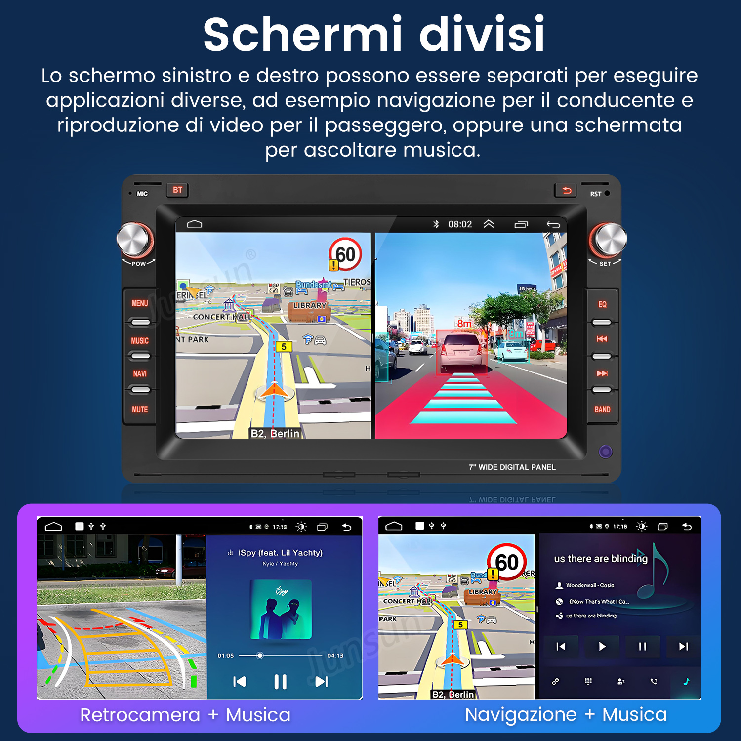 Schermo del sistema di navigazione dell'auto che mostra una mappa stradale e un'interfaccia del lettore musicale.