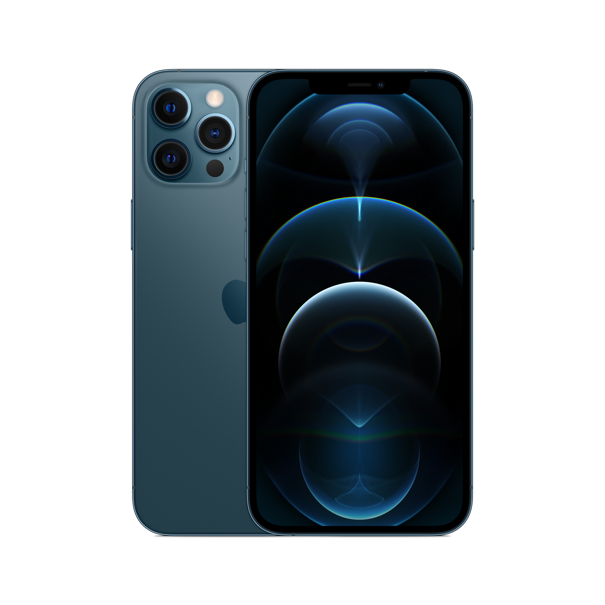 Turkusowy iPhone 12 Pro wyświetla niebieskie, świecące tło. Tył pokazuje aparat z trzema obiektywami, a ekran jest włączony.