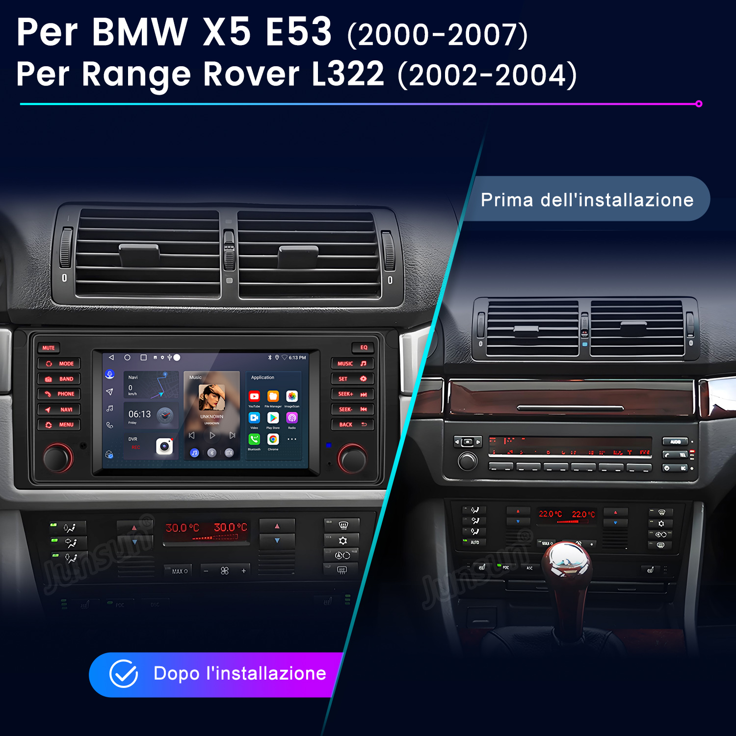 Confronto del cruscotto dell'auto prima e dopo l'installazione. Mostra il sistema di navigazione e il climatizzatore dell'auto.