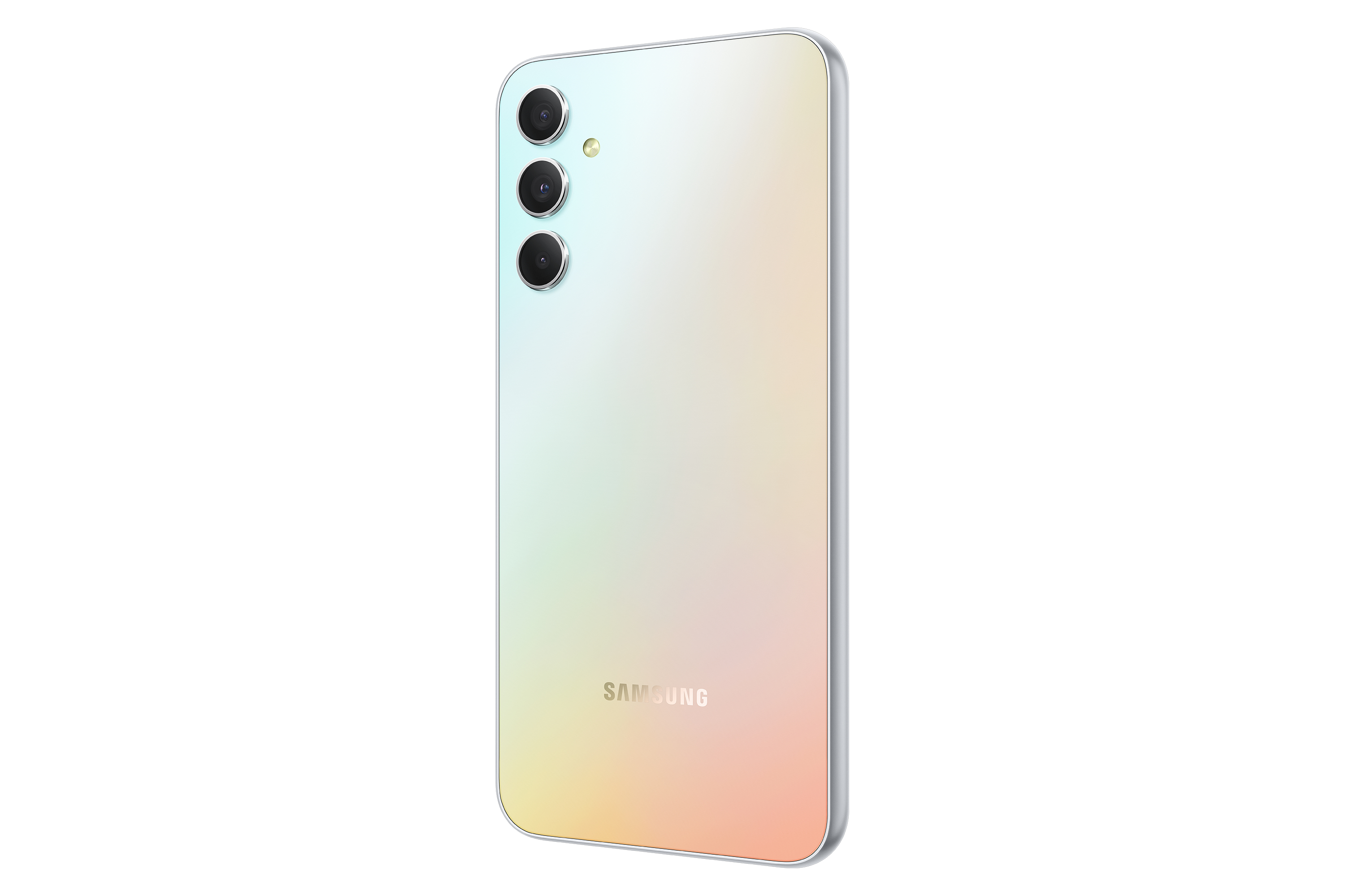 Rückansicht eines Smartphones. Es hat eine Farbverlaufsoptik, drei Kameras und das Samsung-Logo. Das Telefon ist auf weißem Hintergrund.