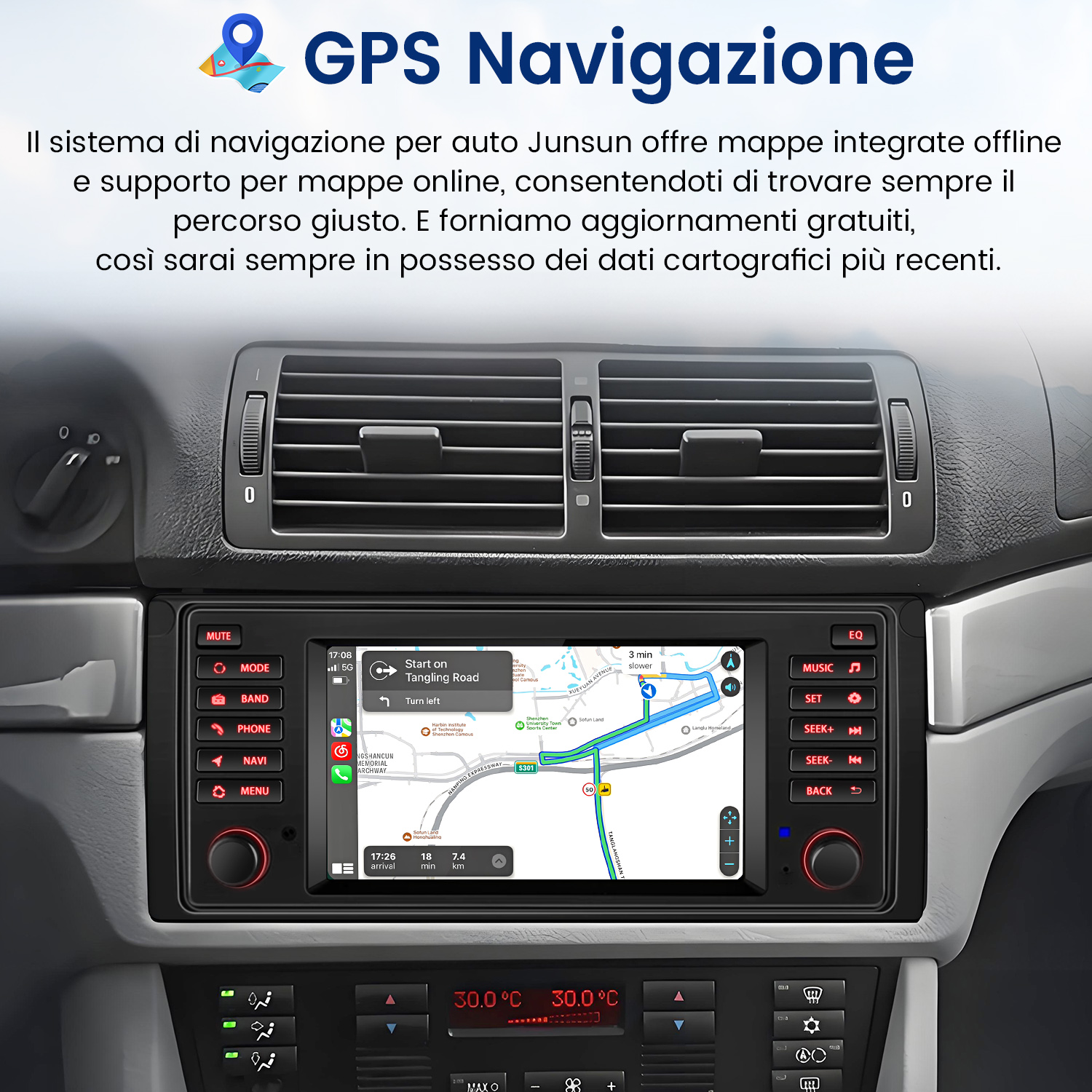 Cruscotto auto con schermo di navigazione GPS che mostra una mappa. La temperatura è di 30°C. L'interno dell'auto è visibile.