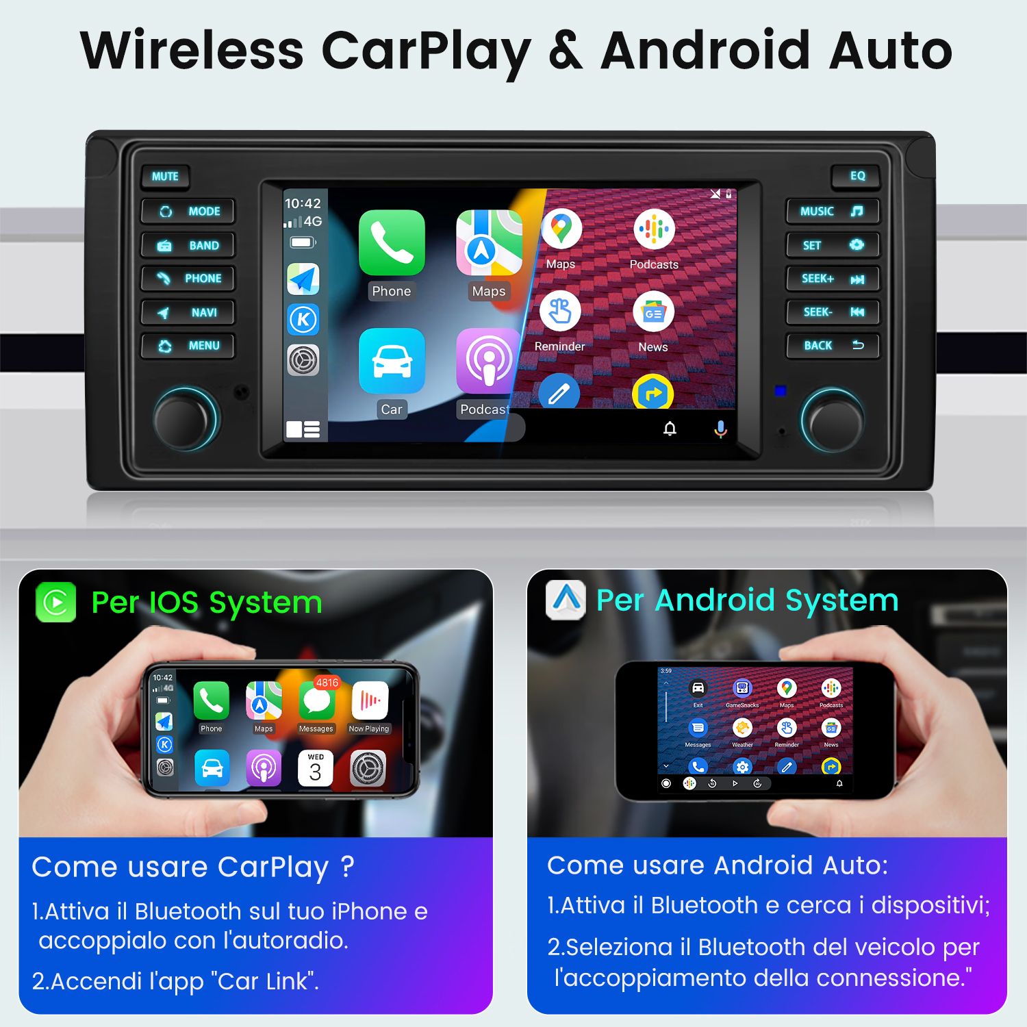 Autoradio con schermo che mostra app. Sotto, un telefono con istruzioni CarPlay e Android Auto.