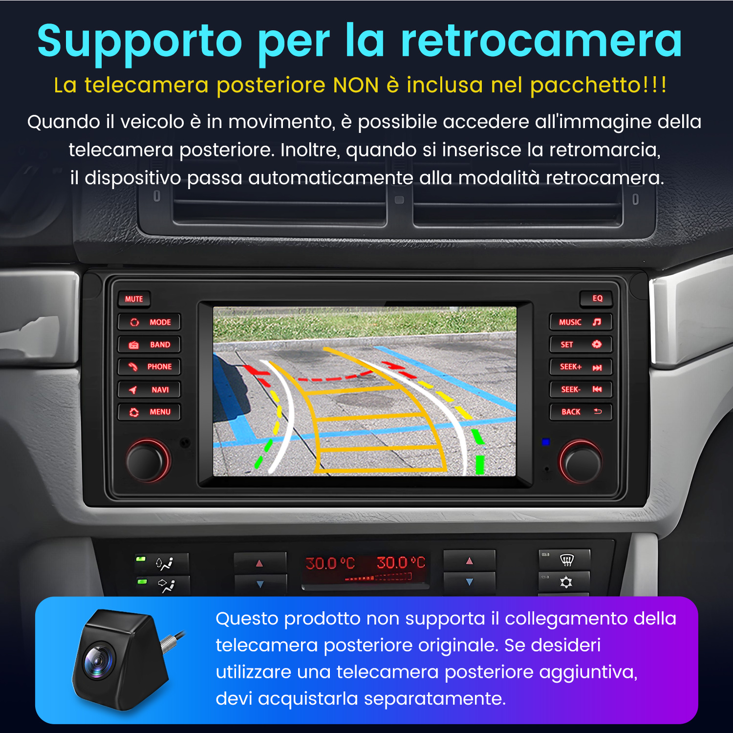 Cruscotto auto con display telecamera posteriore. Include pulsanti, display temperatura e una telecamera separata.
