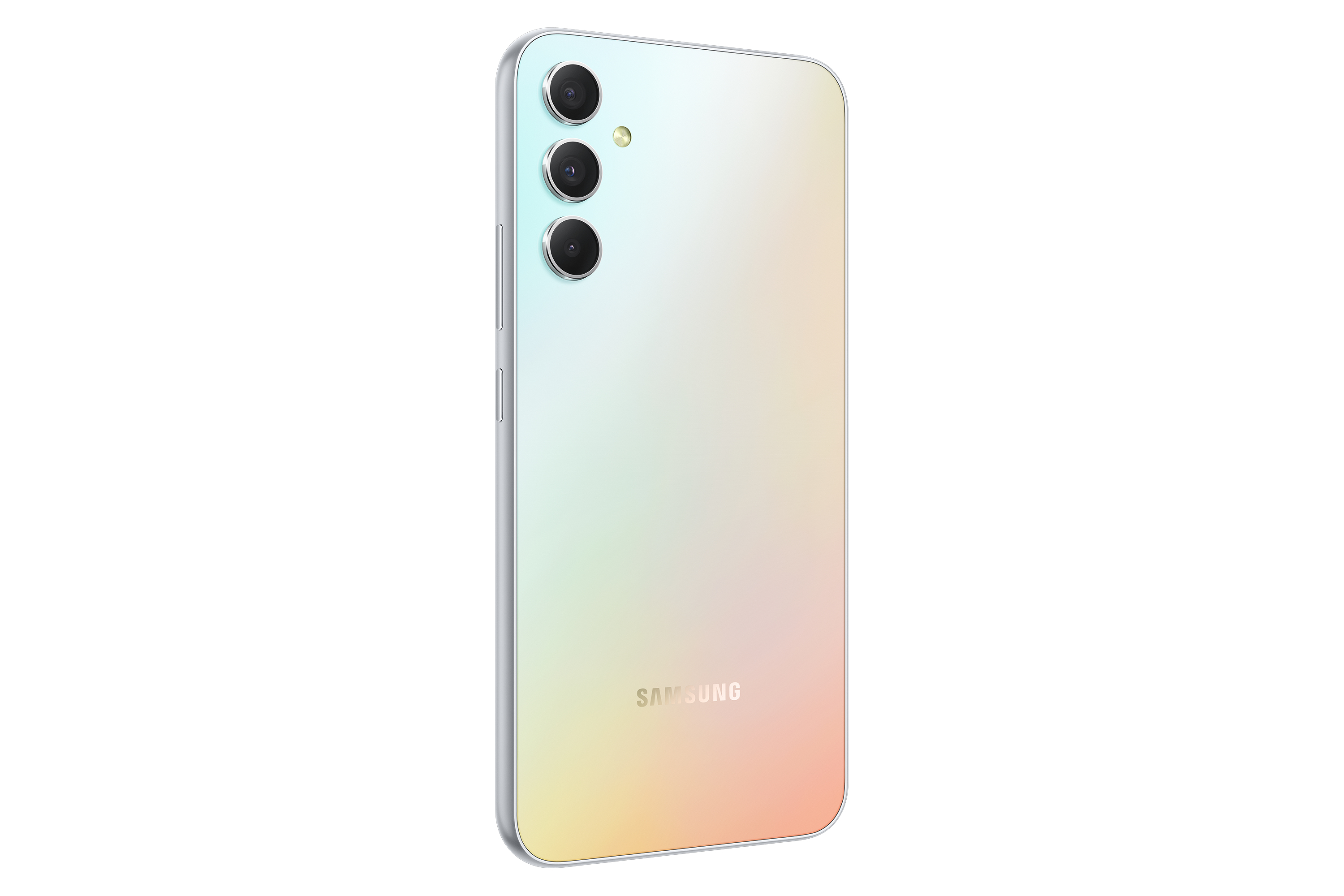 Rückansicht eines Smartphones in Weiß mit Farbverlauf. Es hat drei Kameras und das Samsung-Logo.