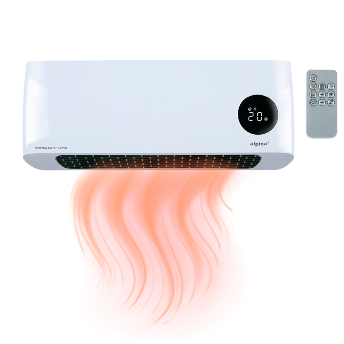 Termoventilatore a parete bianco con display digitale che mostra 20 gradi, marchio alpina. Ha un telecomando e onde di calore arancioni.