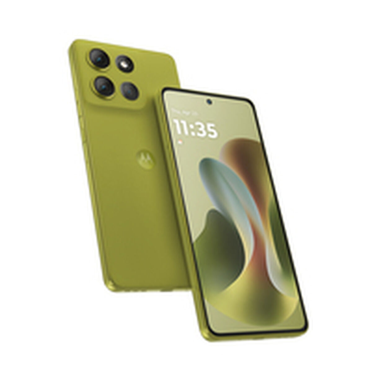 Zwei olivgrüne Smartphones. Eines zeigt den Bildschirm mit der Uhrzeit. Das andere zeigt die Rückseite mit Kameralinsen und Logo.