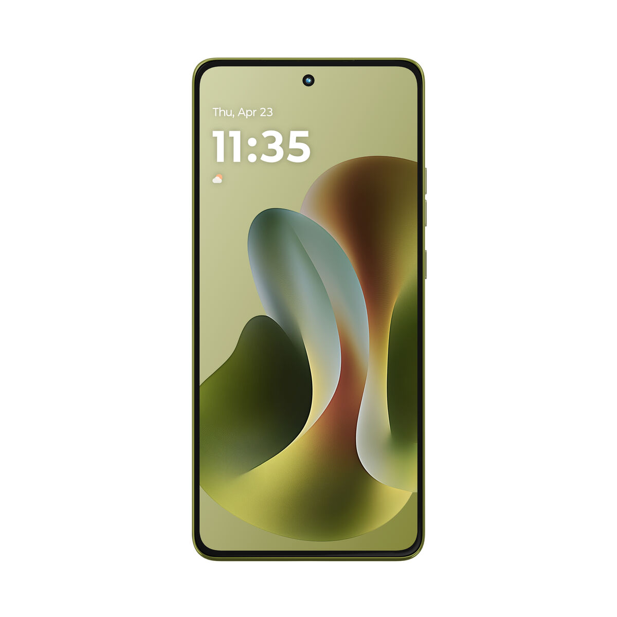 Ein Smartphone zeigt seinen Bildschirm. Es zeigt die Uhrzeit 11:35 Uhr und das Datum Donnerstag, 23. April. Das Hintergrundbild ist abstrakt mit Grüntönen.