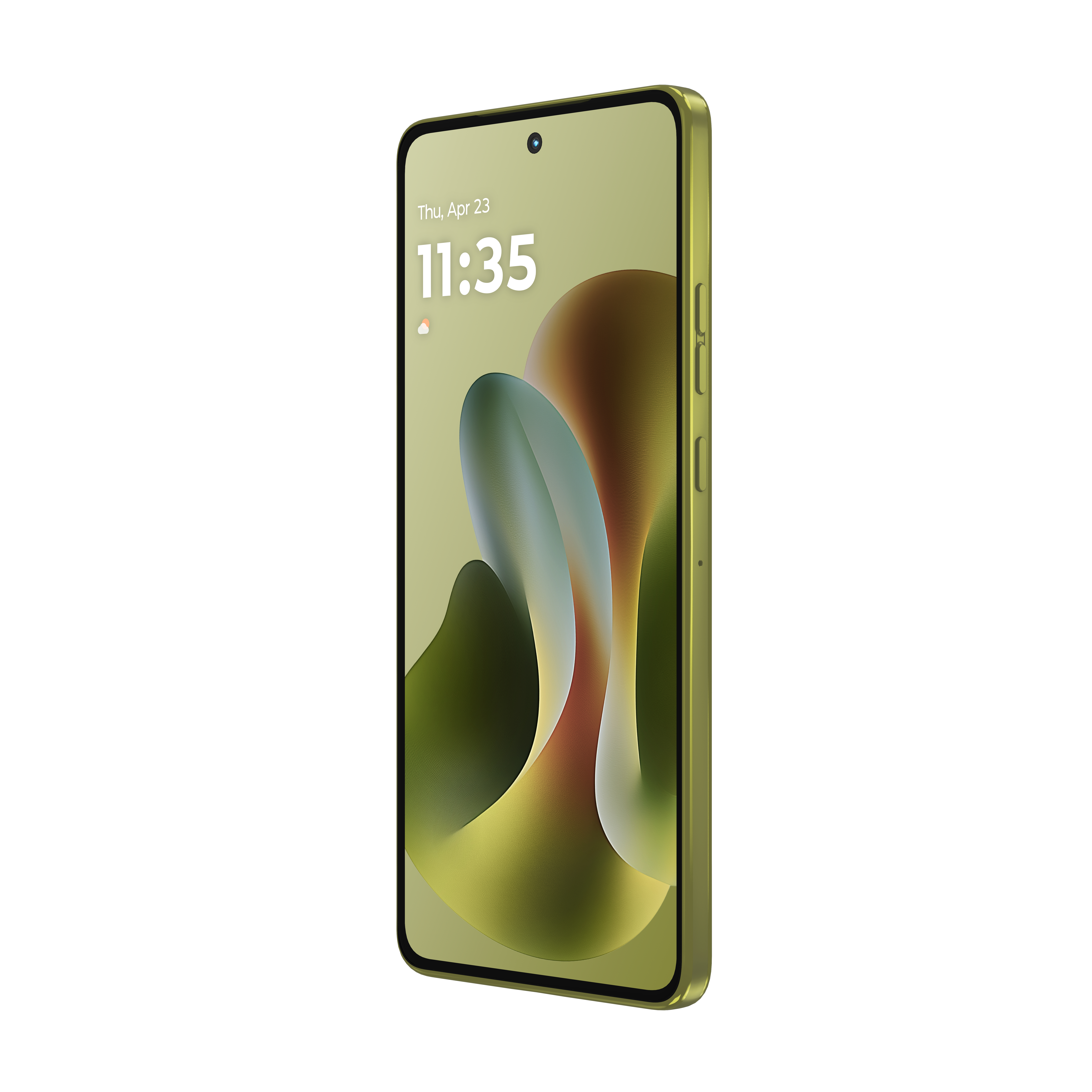 Ein Smartphone mit grünem Rahmen zeigt die Uhrzeit an. Der Bildschirm hat ein wellenförmiges Design in verschiedenen Grün- und Brauntönen.