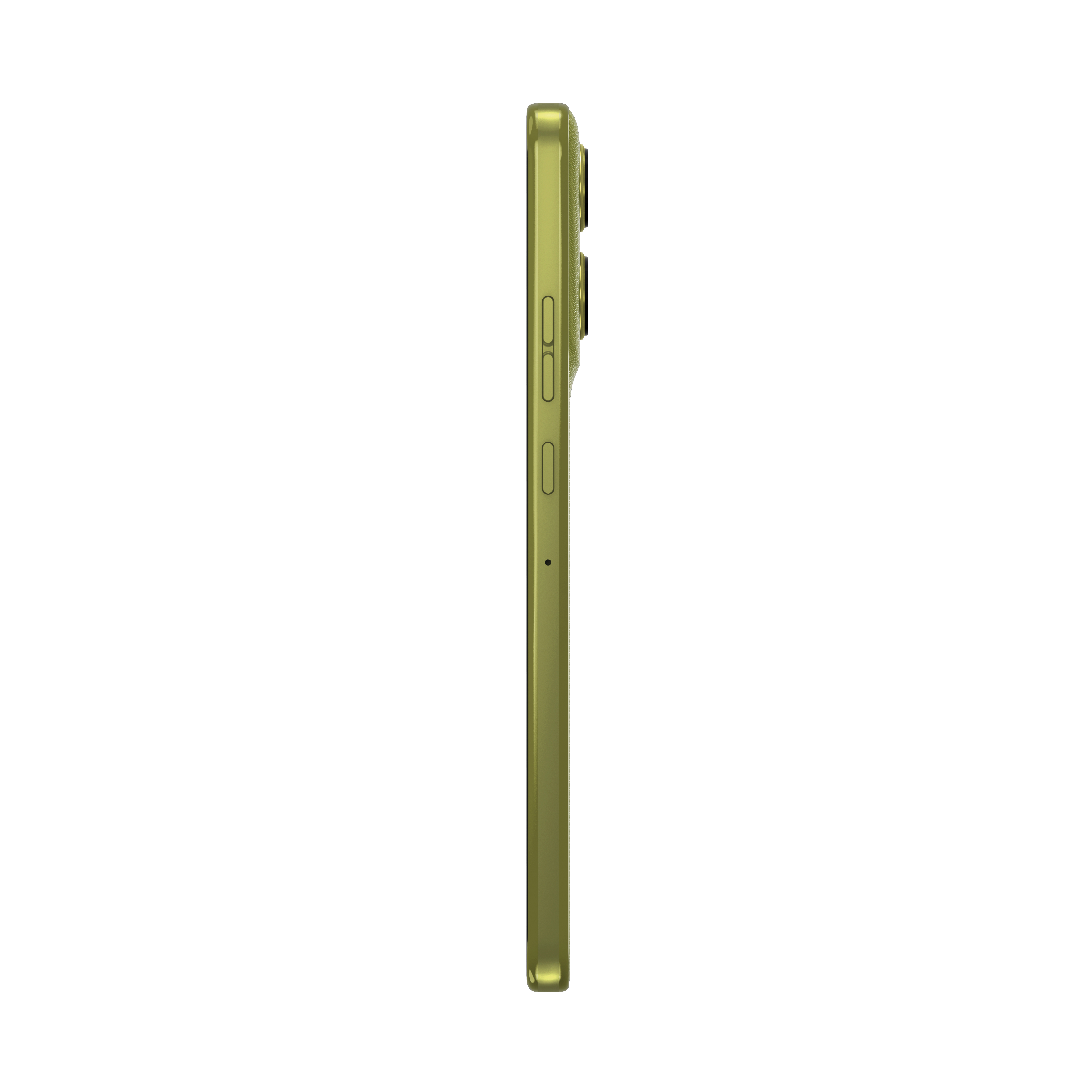 Seitenansicht eines goldfarbenen Smartphones. Knöpfe sind sichtbar. Der Hintergrund ist schlicht weiß.