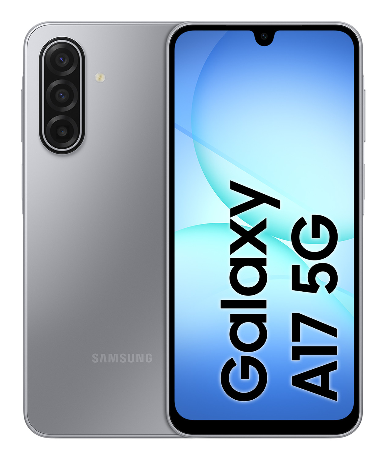 Ein silbernes Samsung Galaxy A17 5G Smartphone. Der Bildschirm zeigt einen blauen Farbverlauf mit dem Namen Galaxy und A17 5G in Schwarz.