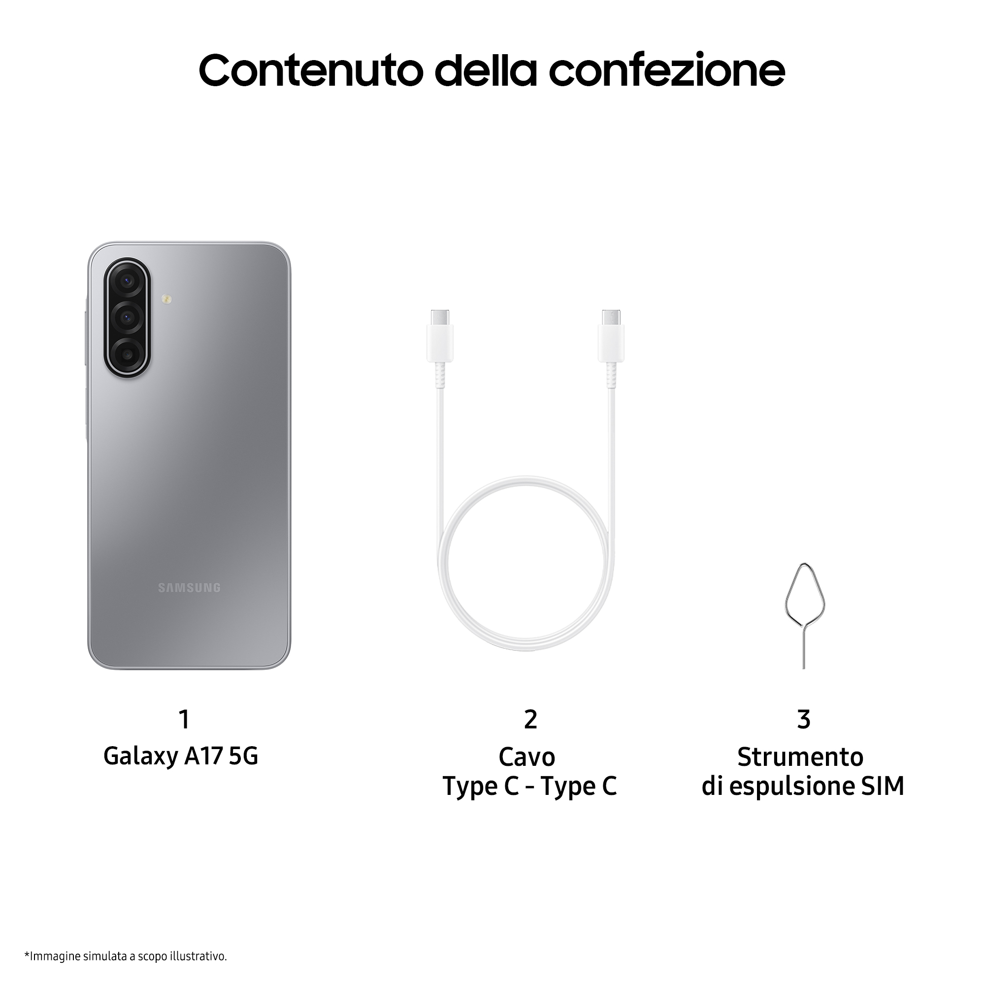 Obrazek przedstawia srebrny telefon Samsung Galaxy A17 5G, kabel USB-C i narzędzie do wysuwania karty SIM.